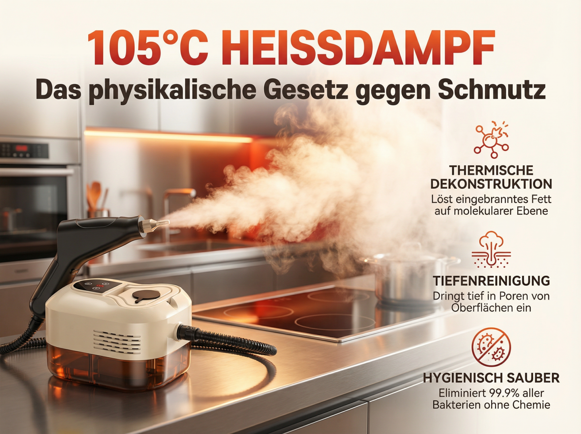 Dampfreiniger auf polierter Arbeitsplatte mit Dampfstrahl, der auf Kochfeld gerichtet ist.