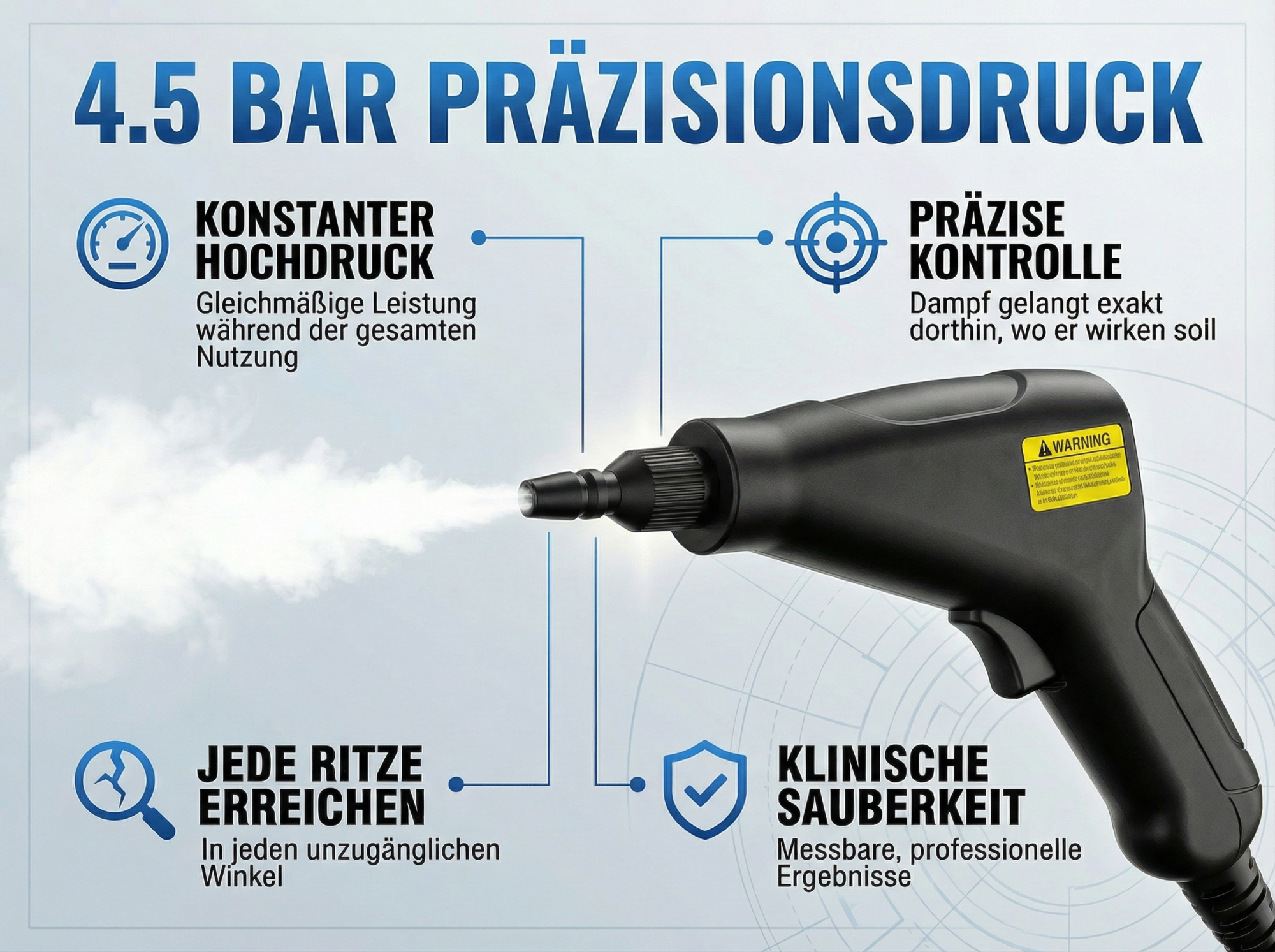 Ein schwarzer Dampfreiniger mit Text zu Druck, Kontrolle, Reichweite und Sauberkeit.