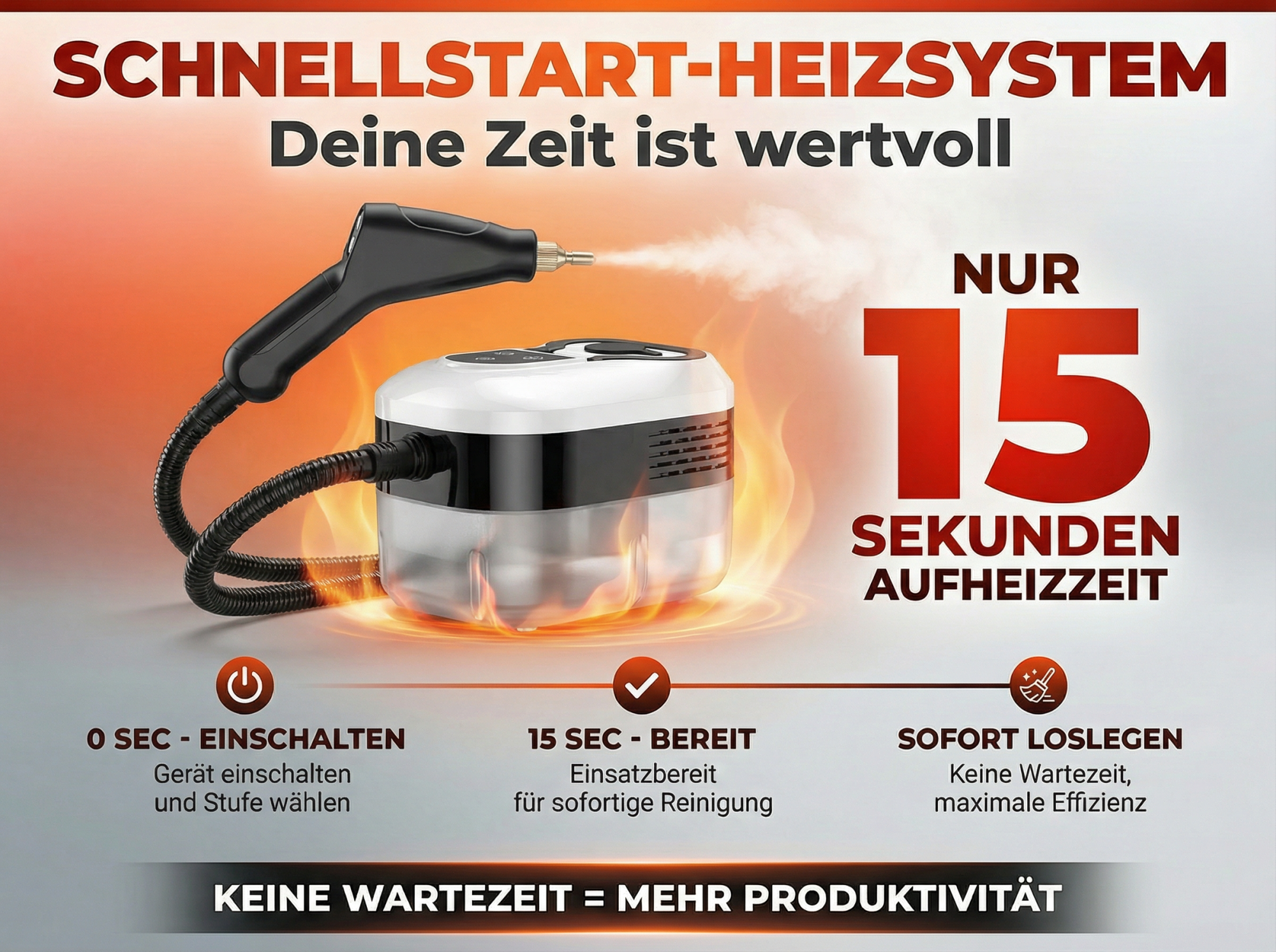 Dampfreiniger: Schnellstart-Heizsystem, nur 15 Sek. Aufheizzeit.