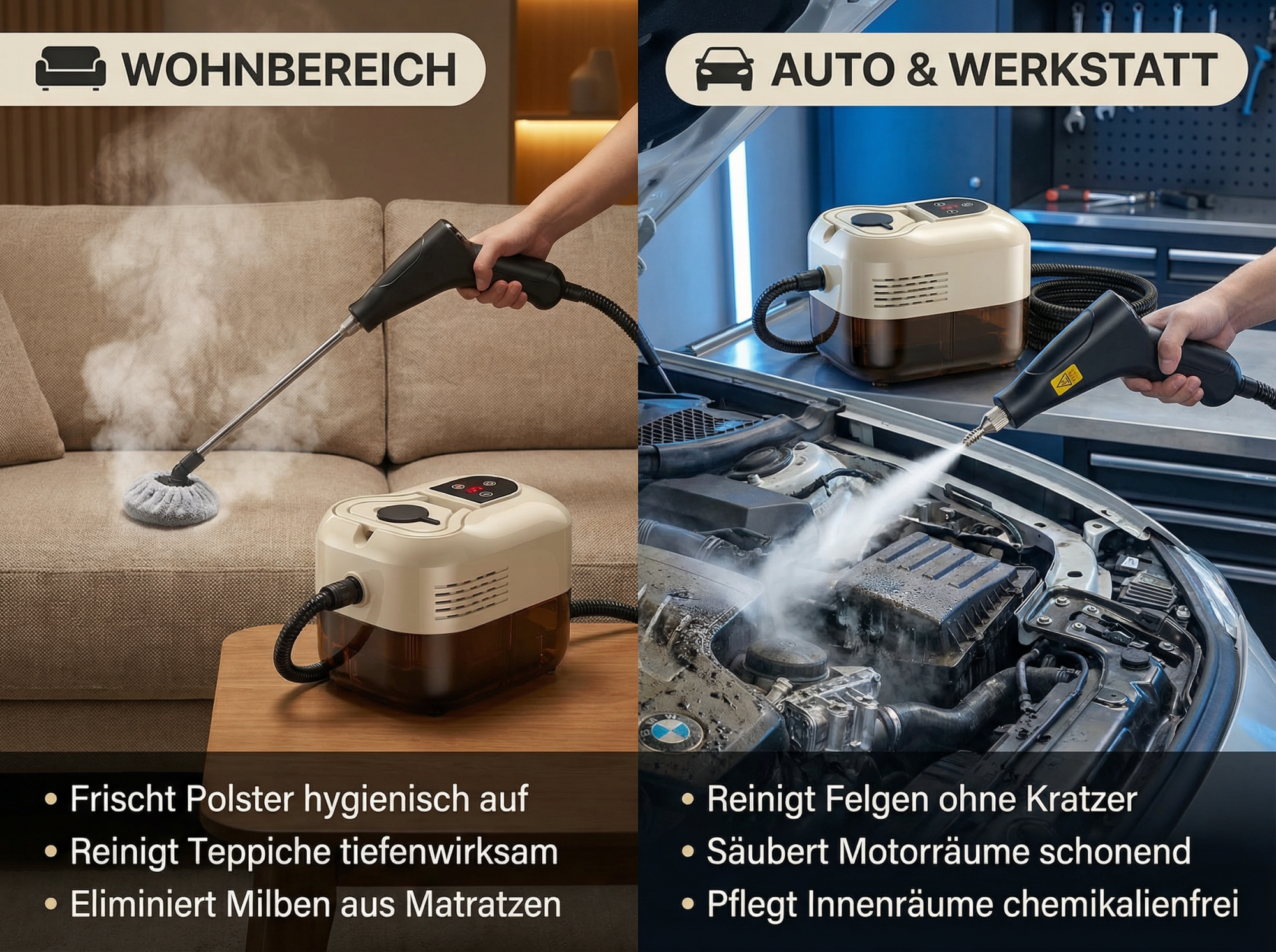 Dampfreiniger für Wohnbereich und Auto. Reinigt Polster, Teppiche, Motorräume.