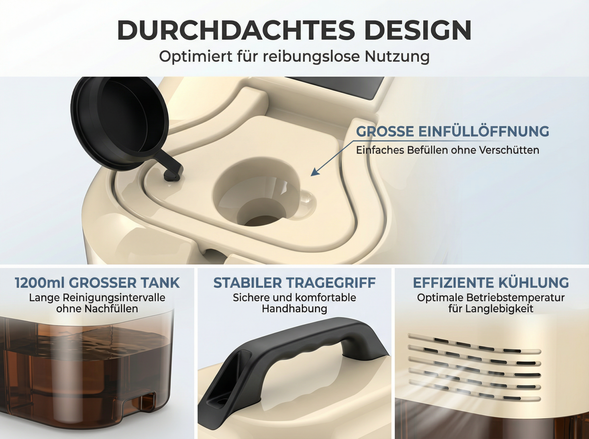 Detaillierte Ansicht eines Geräts mit großem Tank, Griff und Kühlöffnungen.