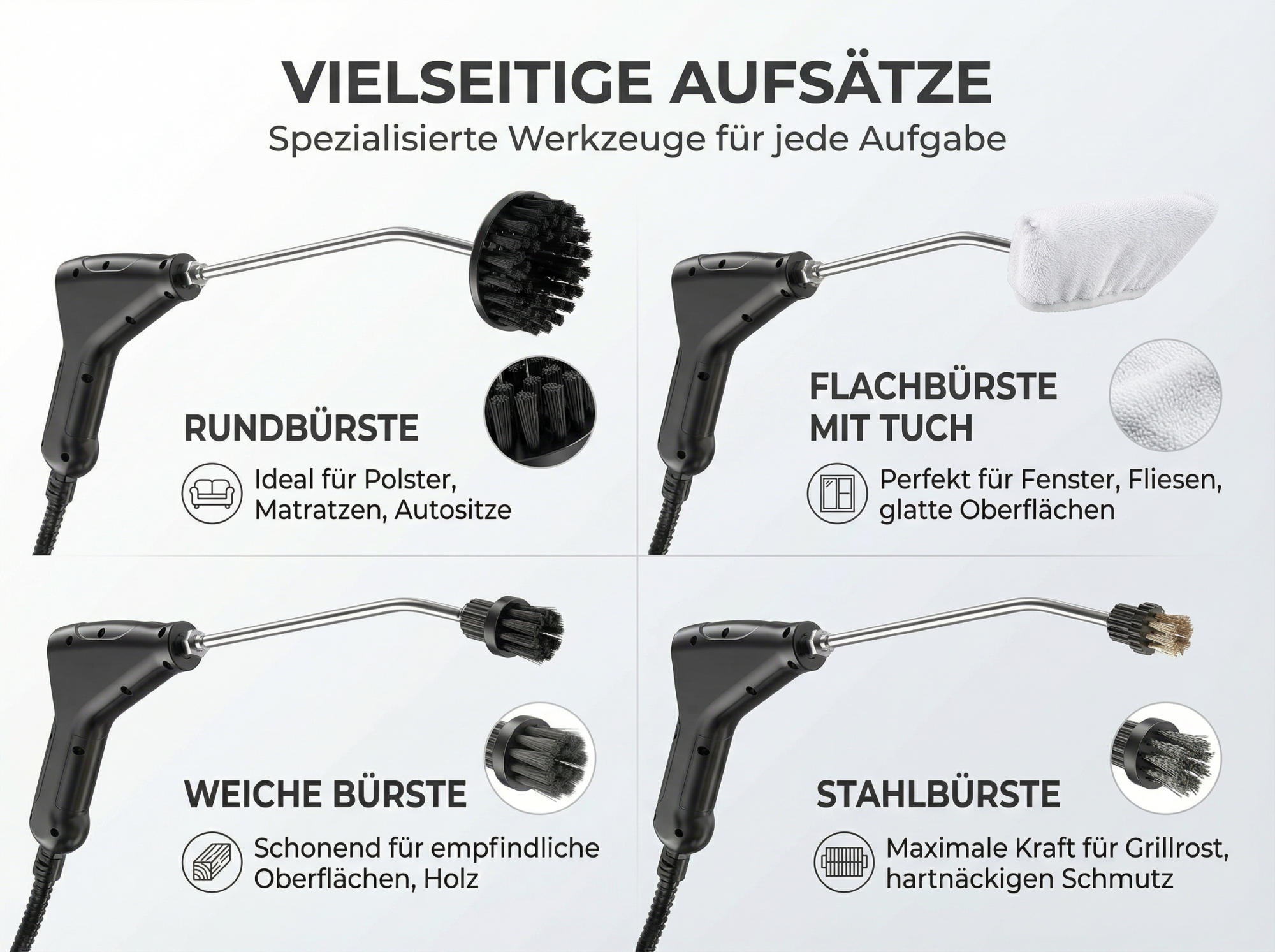 Vier Dampfreiniger-Aufsätze: Rundbürste, Flachbürste mit Tuch, Weiche Bürste, Stahlbürste.