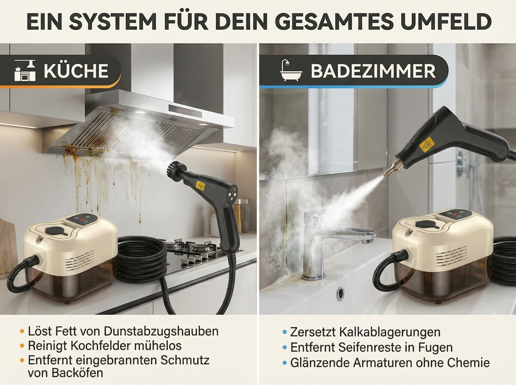 Ein Dampfreiniger reinigt Küche und Bad. Er löst Fett, Kalk und Seifenreste.