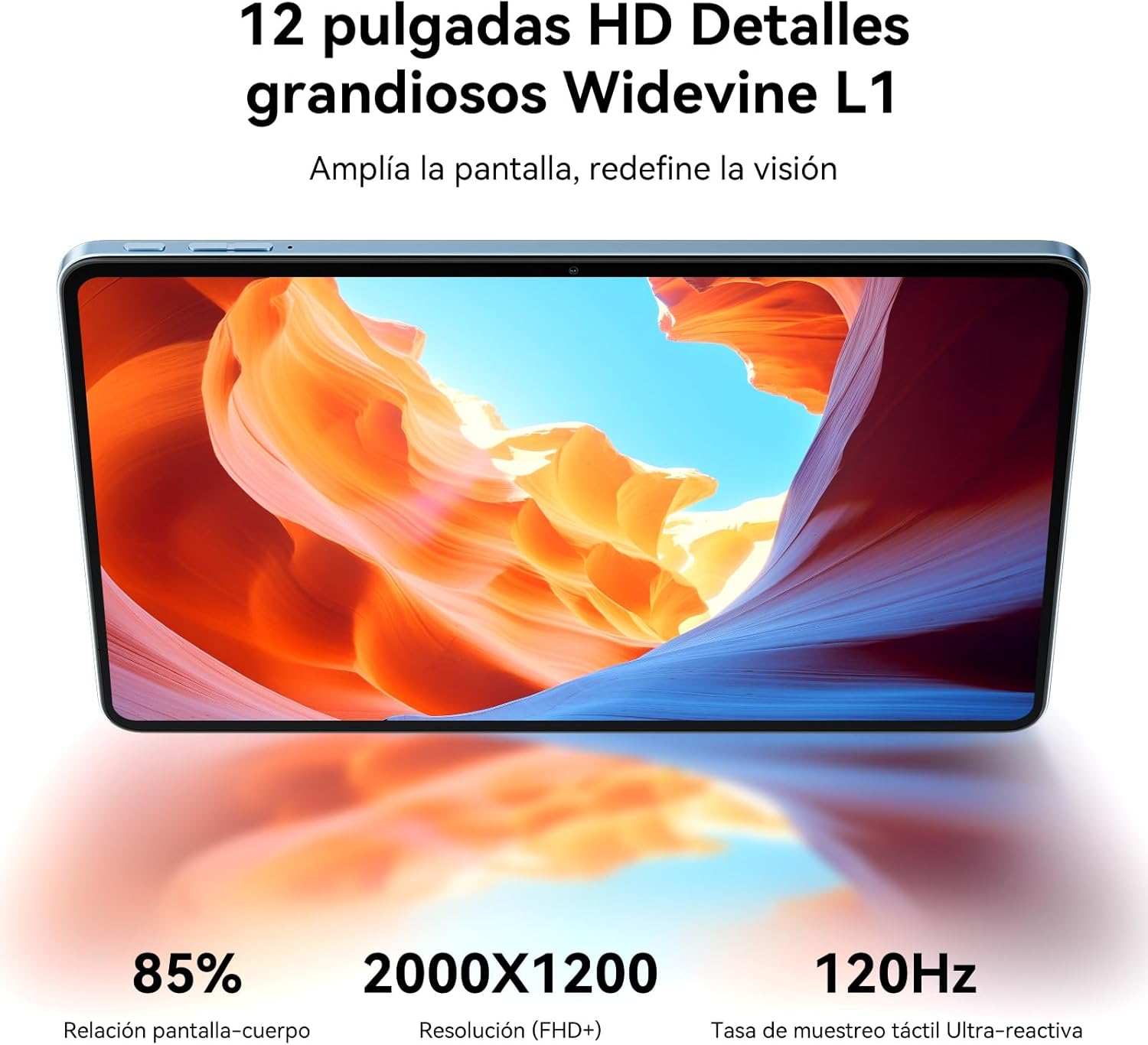 Una tableta con pantalla HD de 12 pulgadas que muestra patrones abstractos.