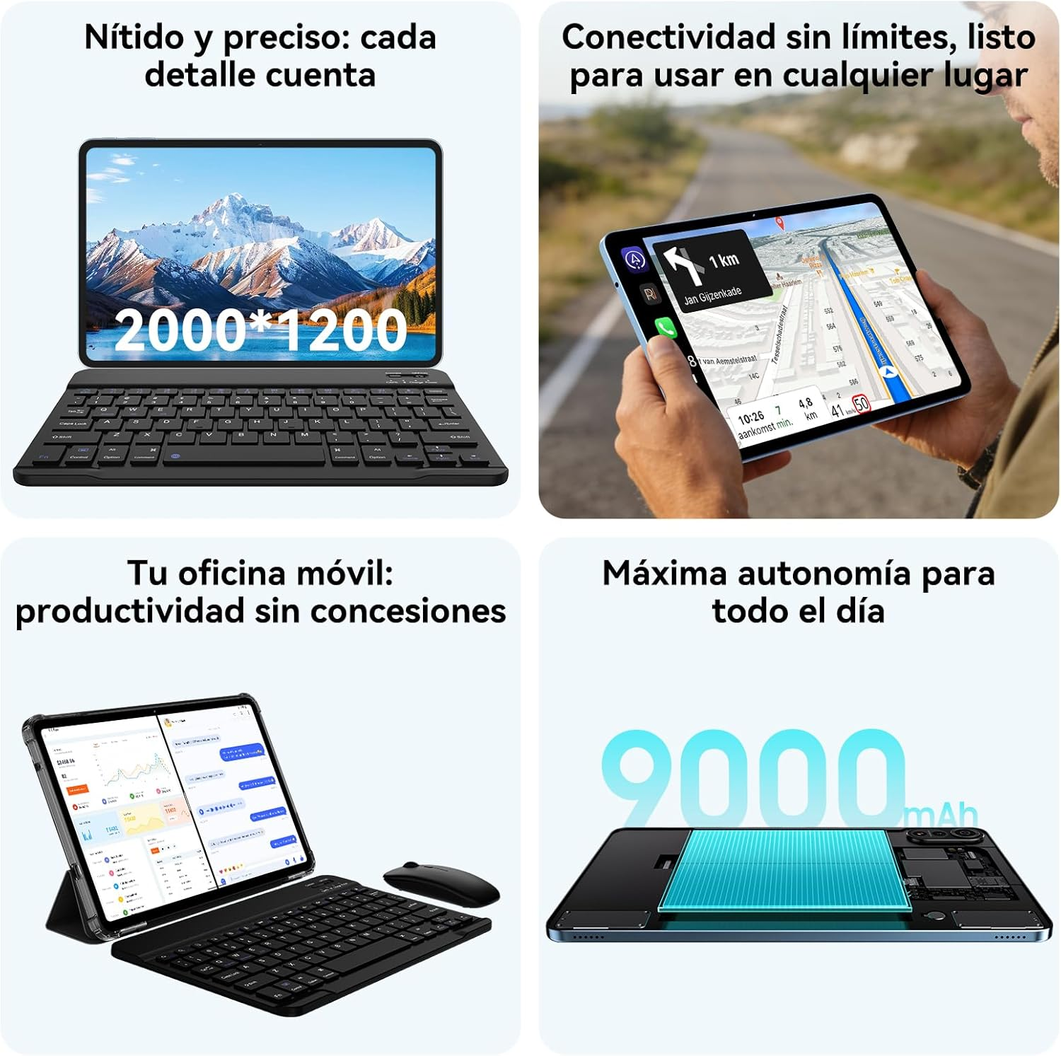 Una tableta con teclado que muestra un paisaje montañoso en pantalla.