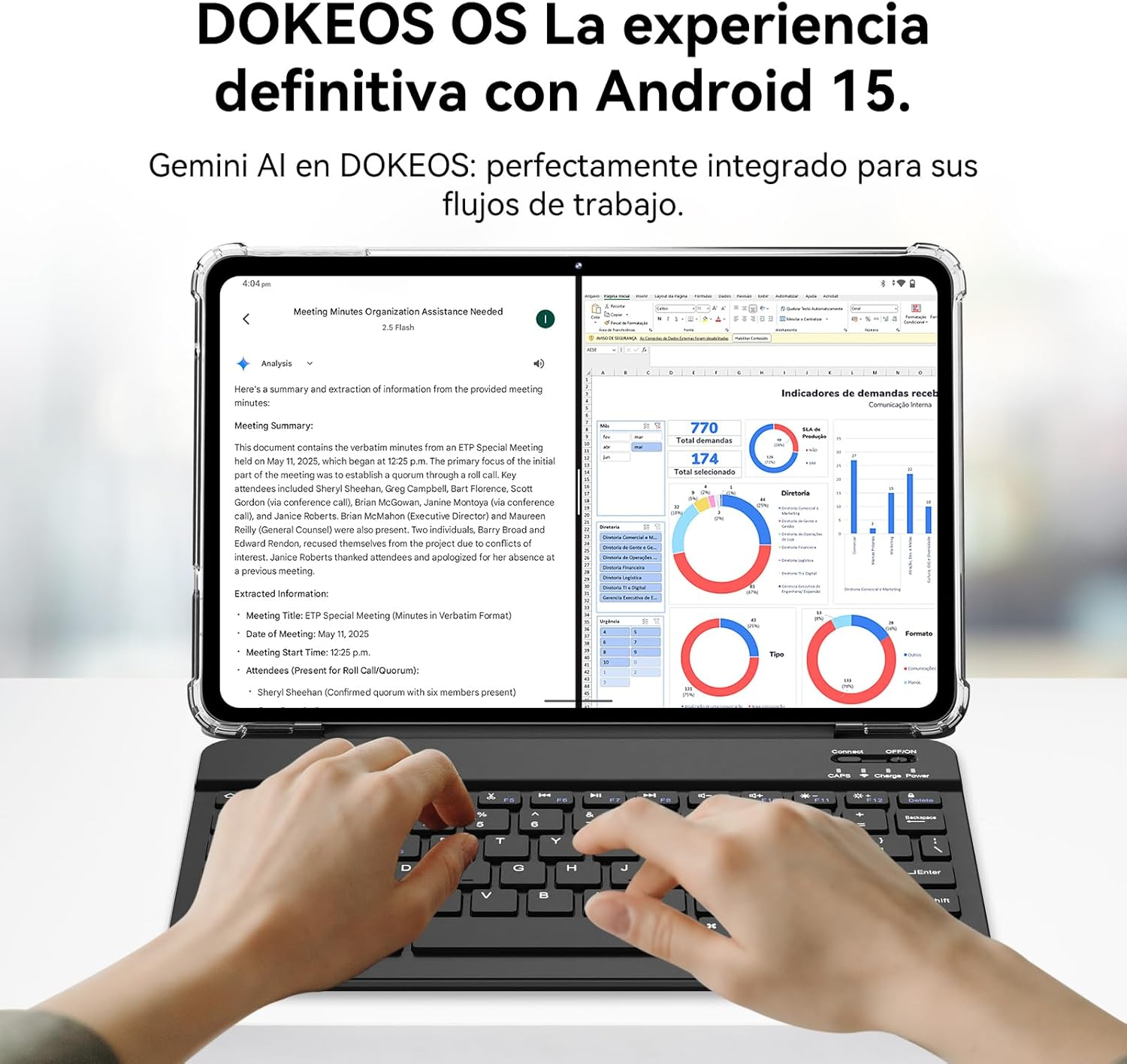 Tableta con teclado muestra notas de reunión y hoja de cálculo con gráficos.
