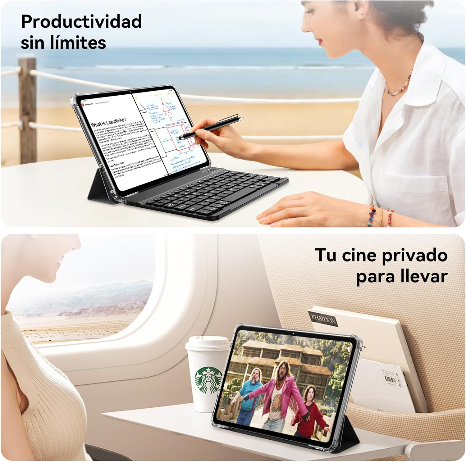Mujer en playa y avión con tablet y teclado para trabajo y entretenimiento.