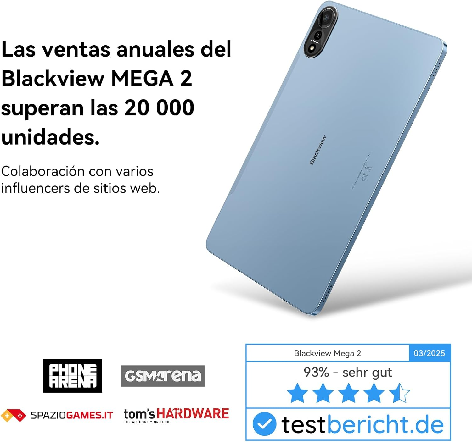 Una tableta azul Blackview Mega 2 con cámara y logo.