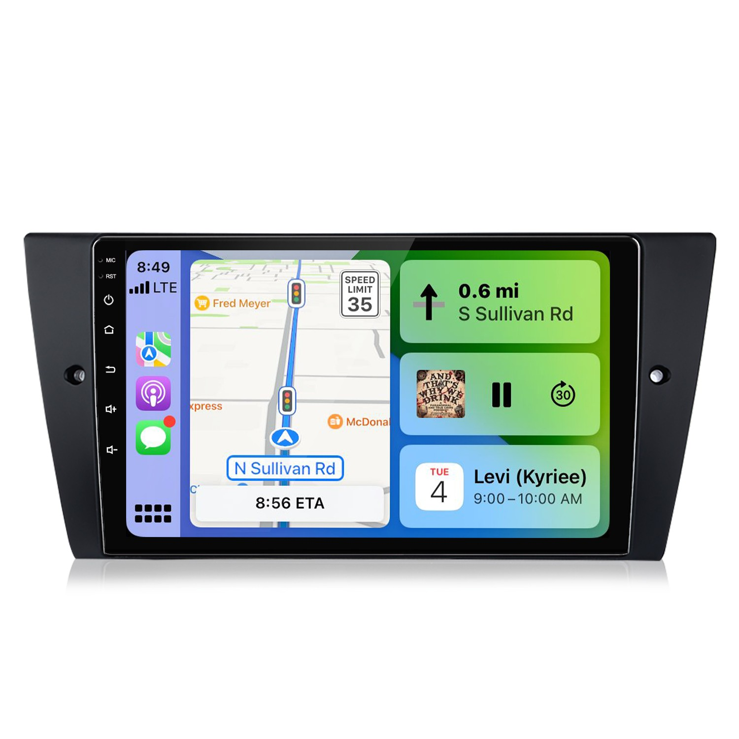 Un autoradio mostra un'app di navigazione con informazioni sul traffico e appuntamenti.