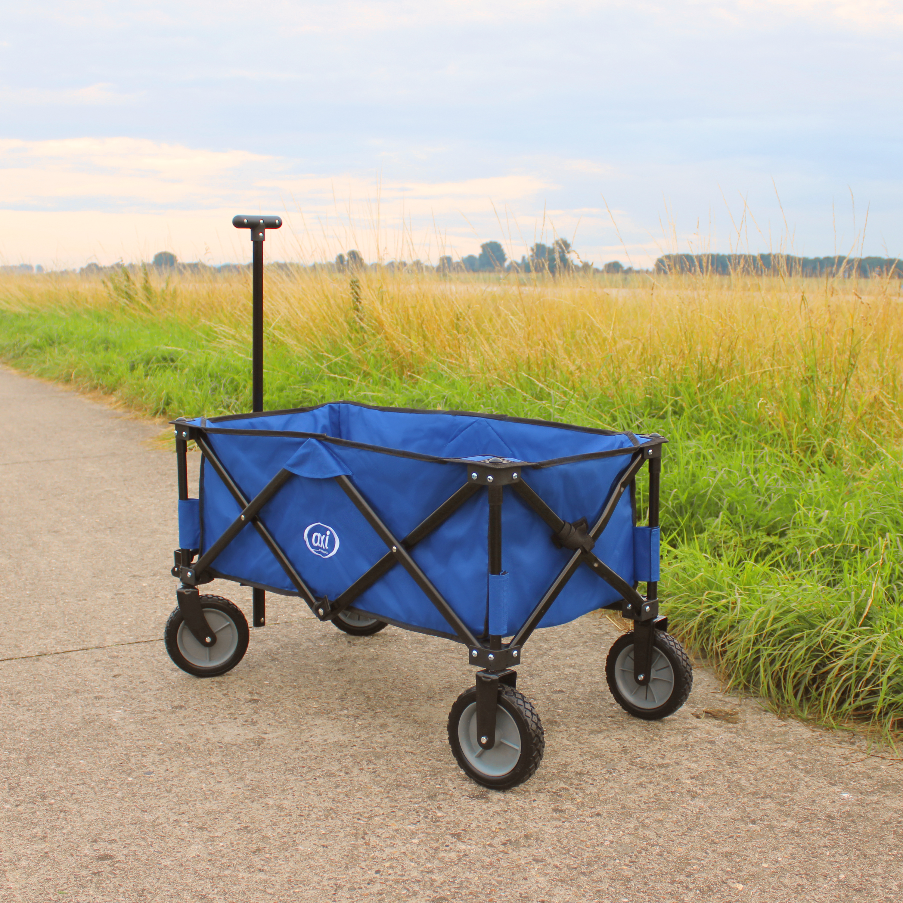 Ein blauer Bollerwagen steht auf einem Weg, umgeben von Gras und Feldern.