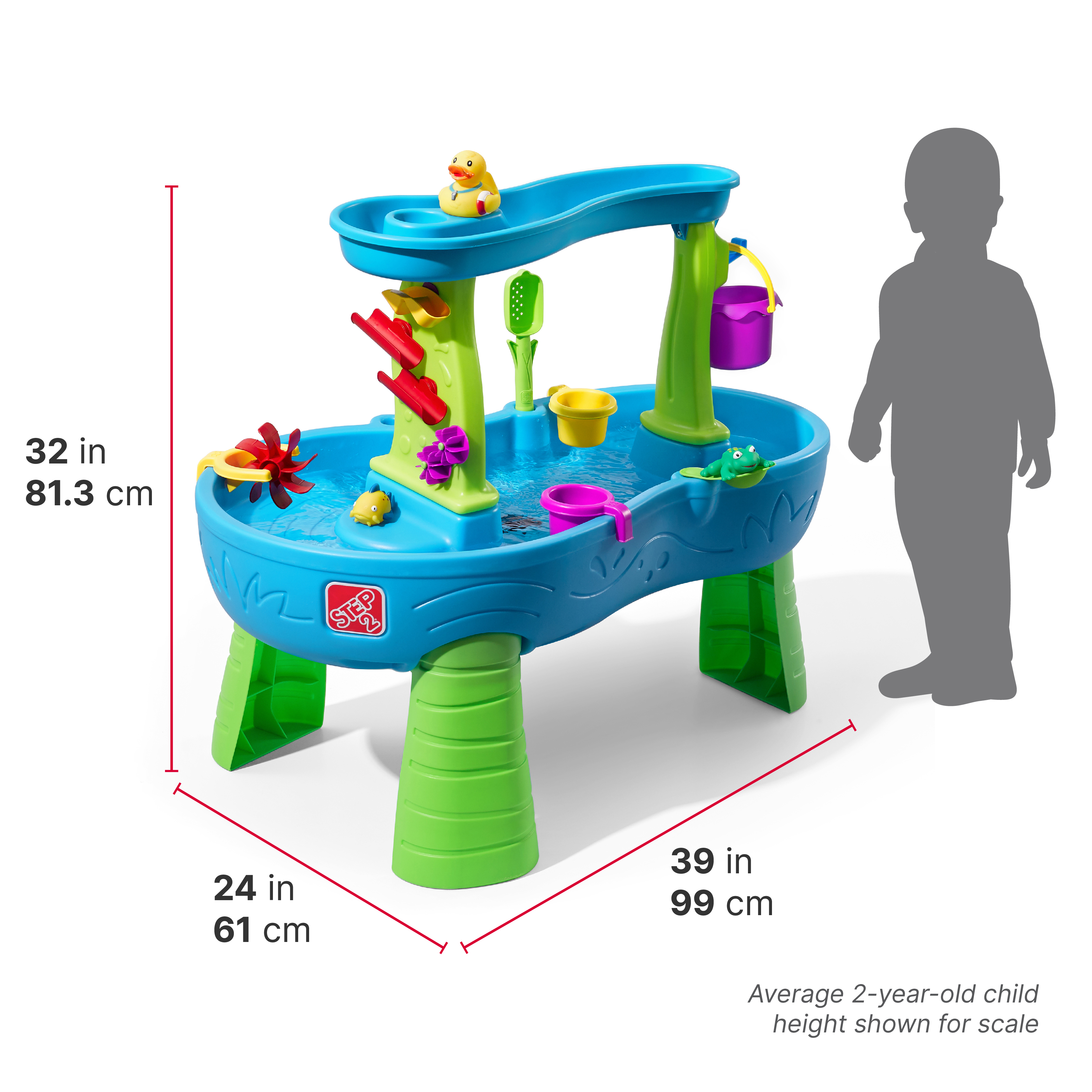 Ein blau-grüner Wassertisch mit Spielzeug und einem Kind als Grössenvergleich.