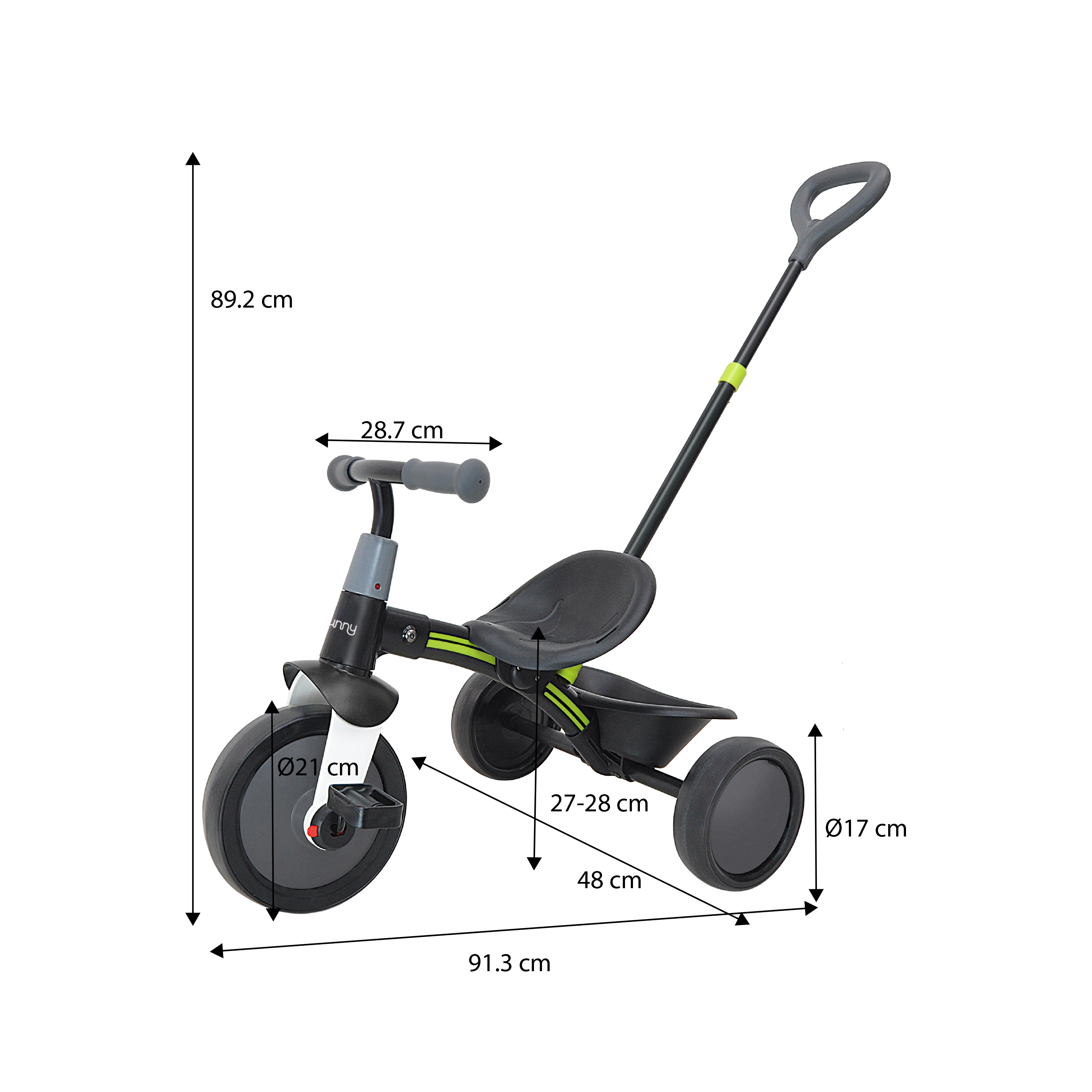 Ein graues Dreirad mit Maßen: 89,2 cm hoch, 91,3 cm lang.