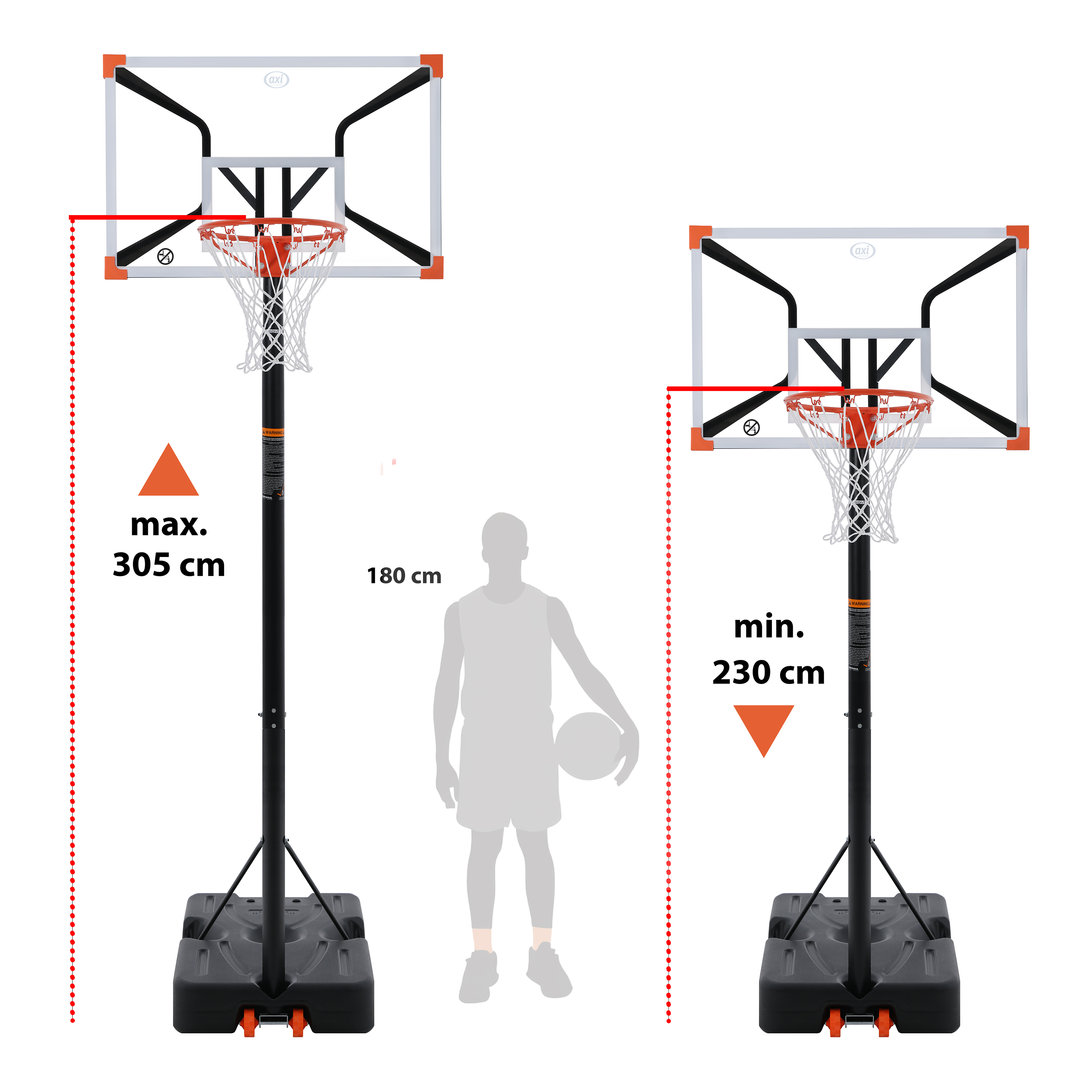 Ein Basketballkorb mit einstellbarer Höhe, max. 305 cm, min. 230 cm.