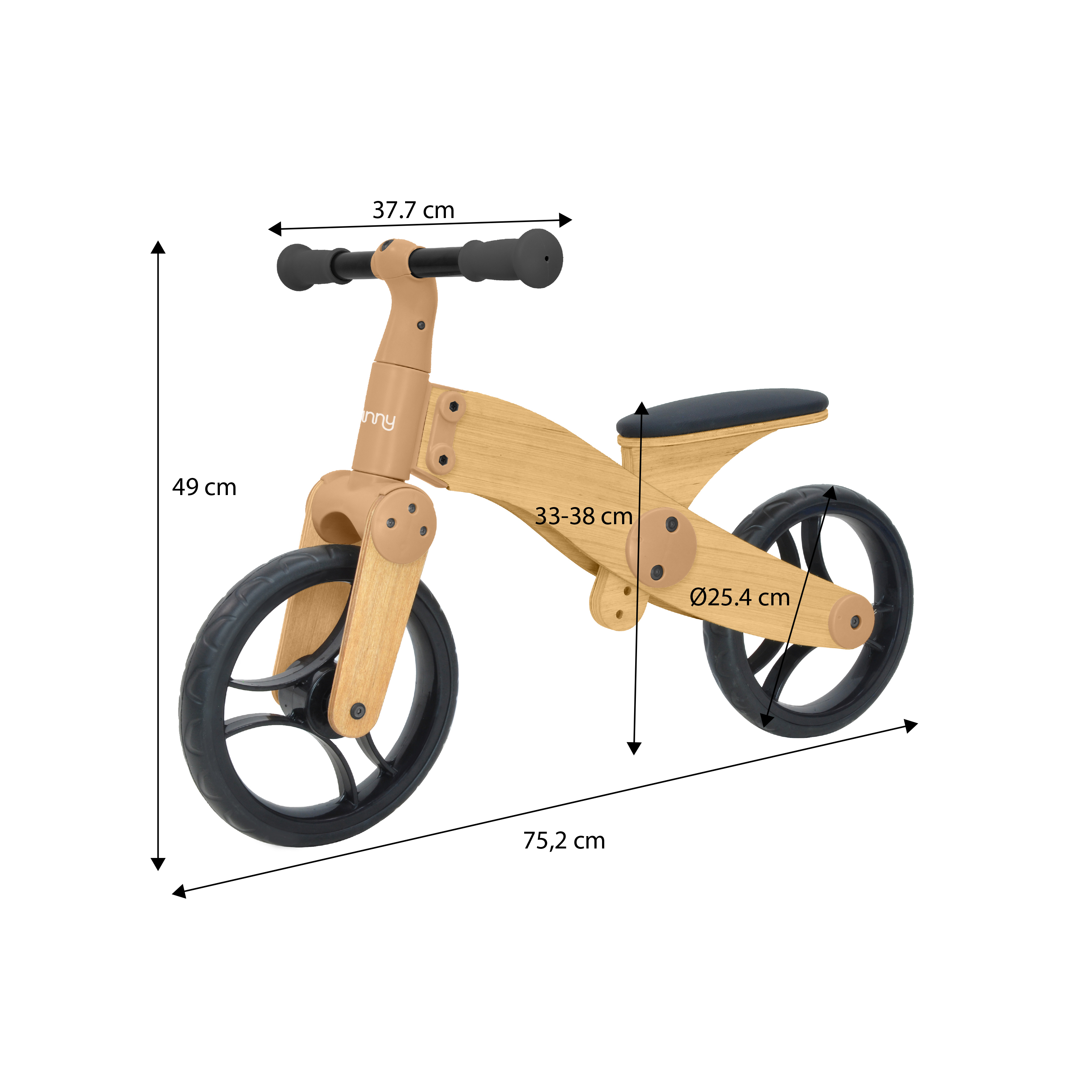 Holz-Laufrad mit schwarzen Rädern und Sitz. Maße sind angegeben.