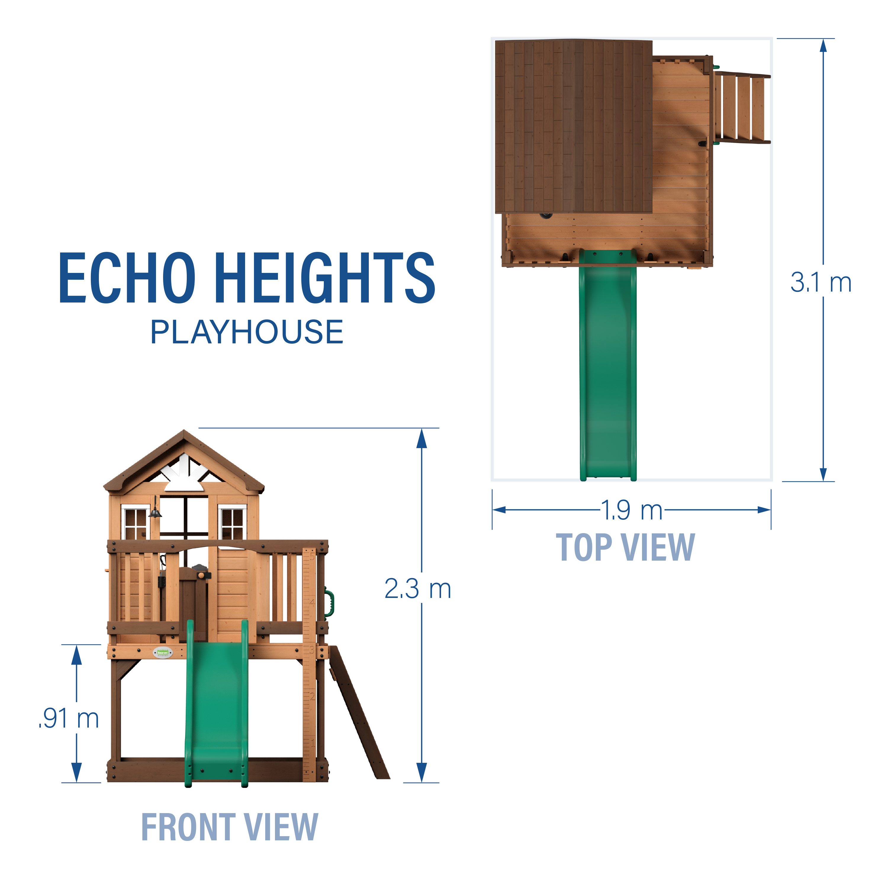 Vorder- und Draufsicht des Echo Heights Spielhauses mit Maßen.