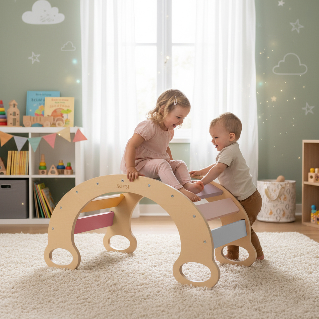 Zwei Kinder spielen auf einem Holz-Spielbogen in einem hellen Kinderzimmer.