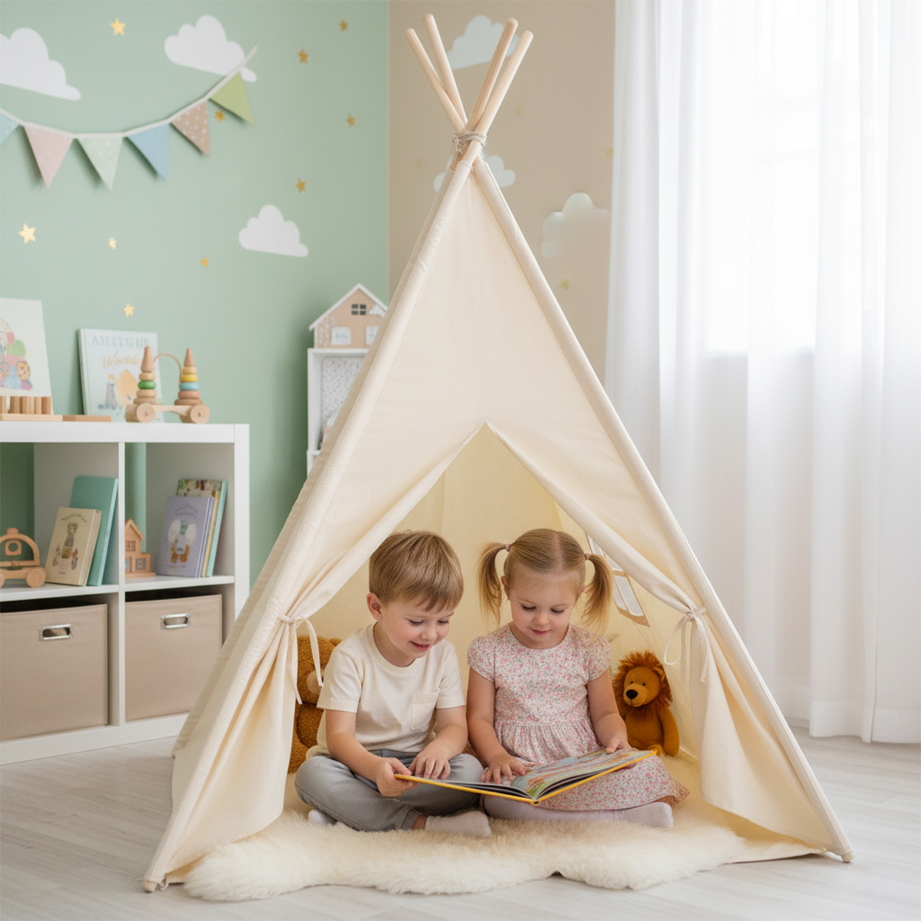 Zwei Kinder lesen ein Buch in einem cremefarbenen Tipi auf einem Schaffell.