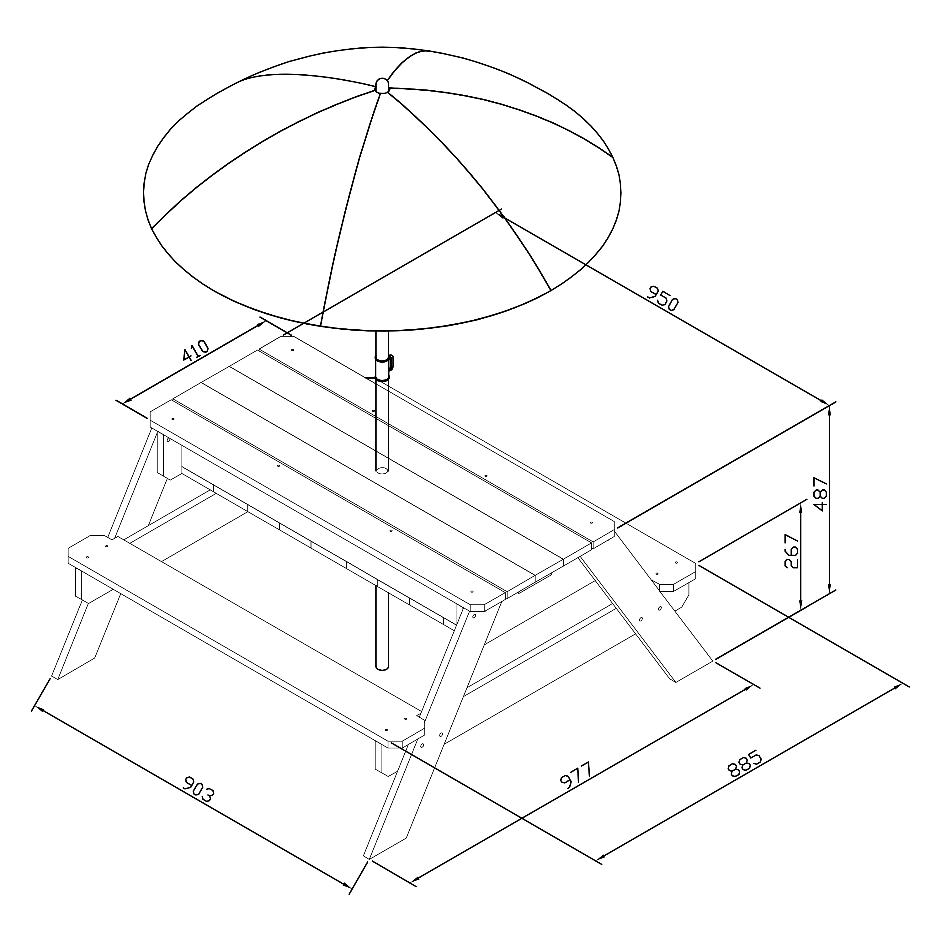Eine schematische Zeichnung eines Picknicktisches mit Sonnenschirm und Maßen.