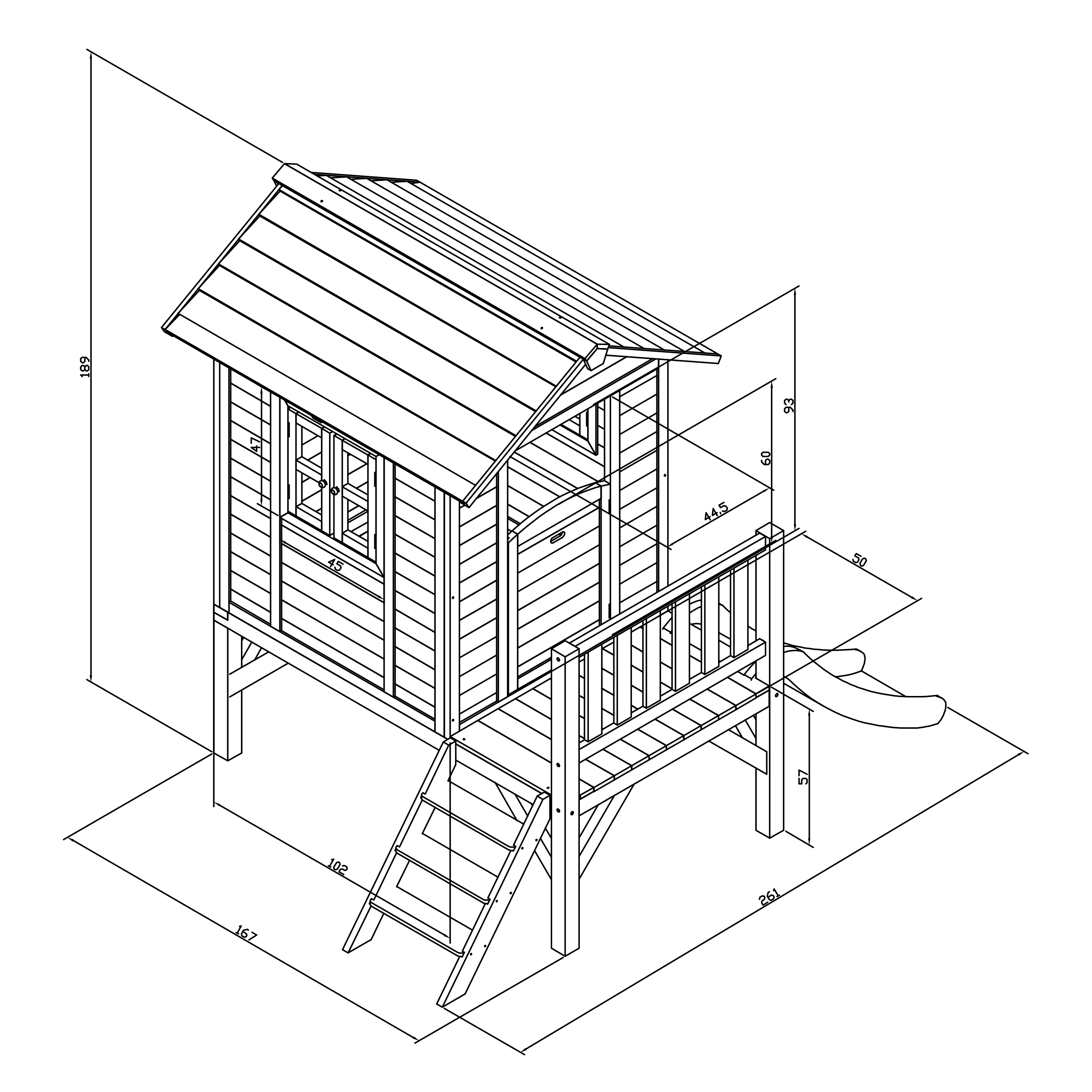 Holzhaus mit Rutsche, Treppe und Geländer, mit Maßen.
