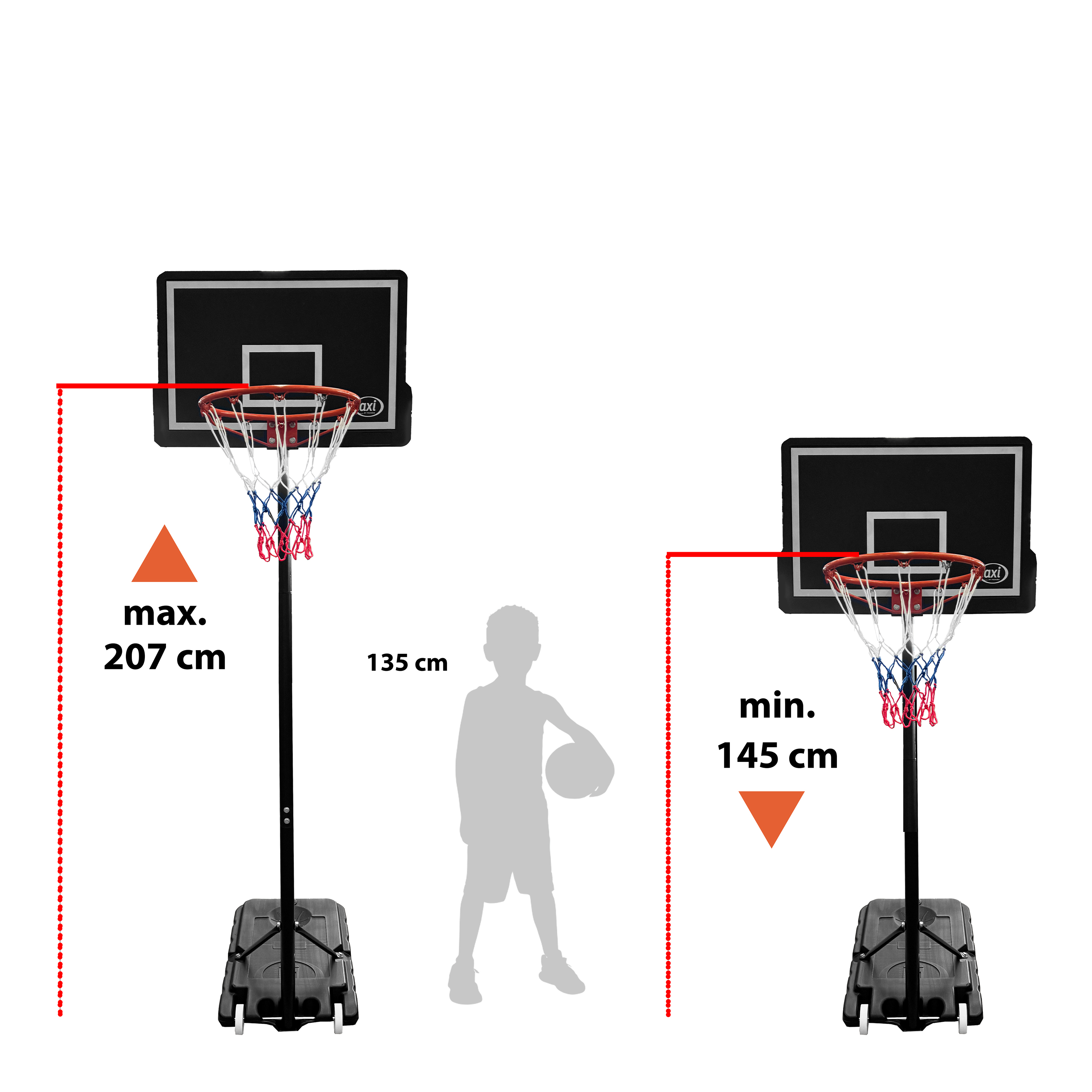 Zwei Basketballkörbe mit verstellbarer Höhe, ein Kind hält einen Ball.