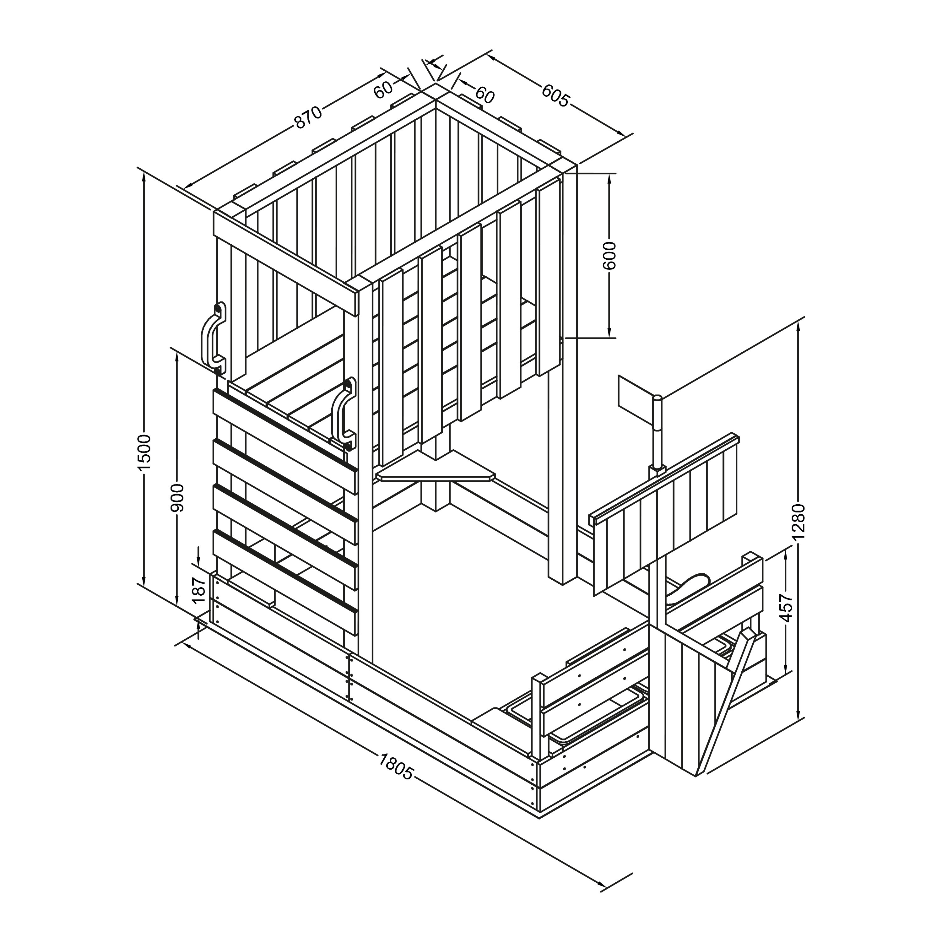 Technische Zeichnung eines Holzgeheges mit Maßen.