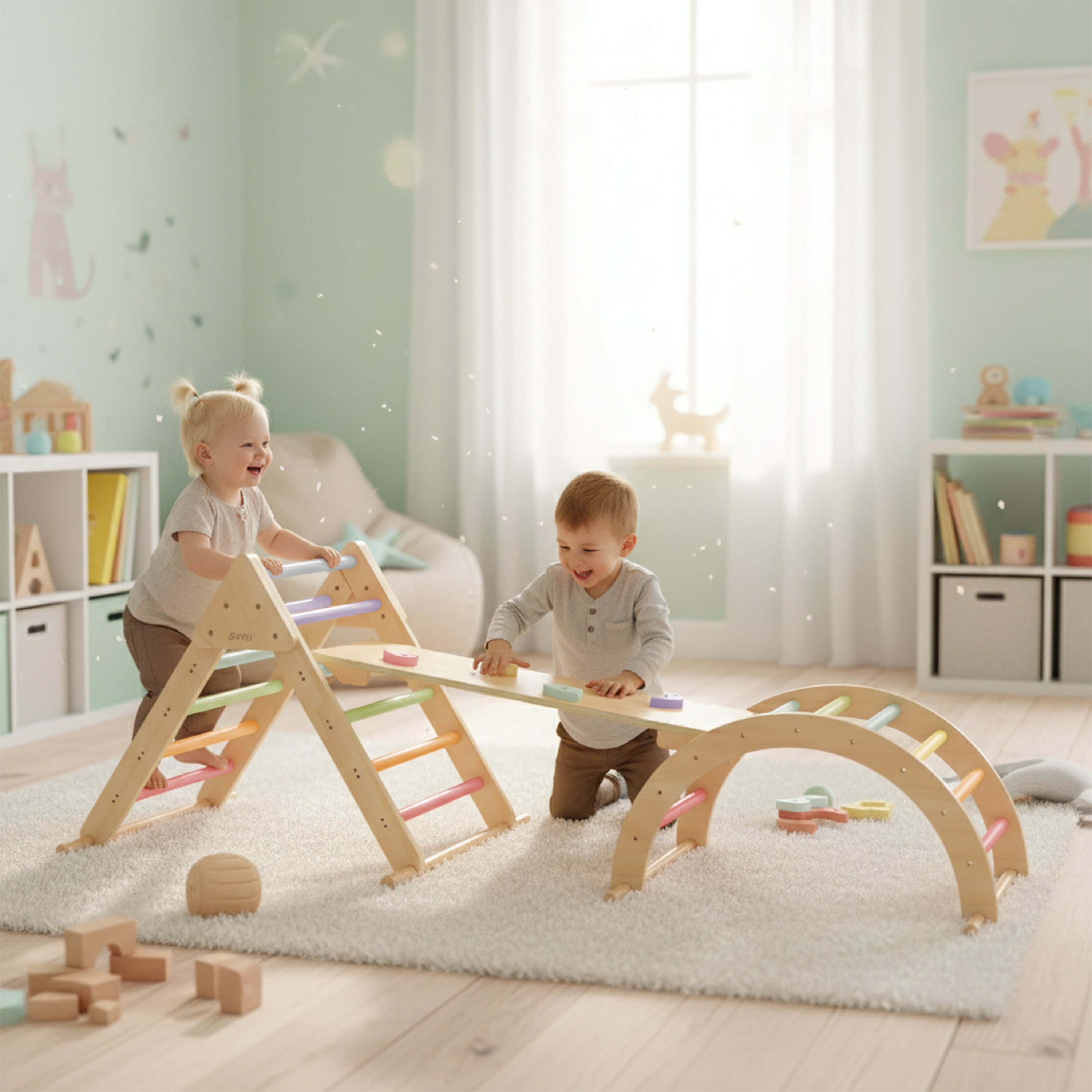 Zwei Kinder spielen auf Holzspielzeug in einem hellen Kinderzimmer.