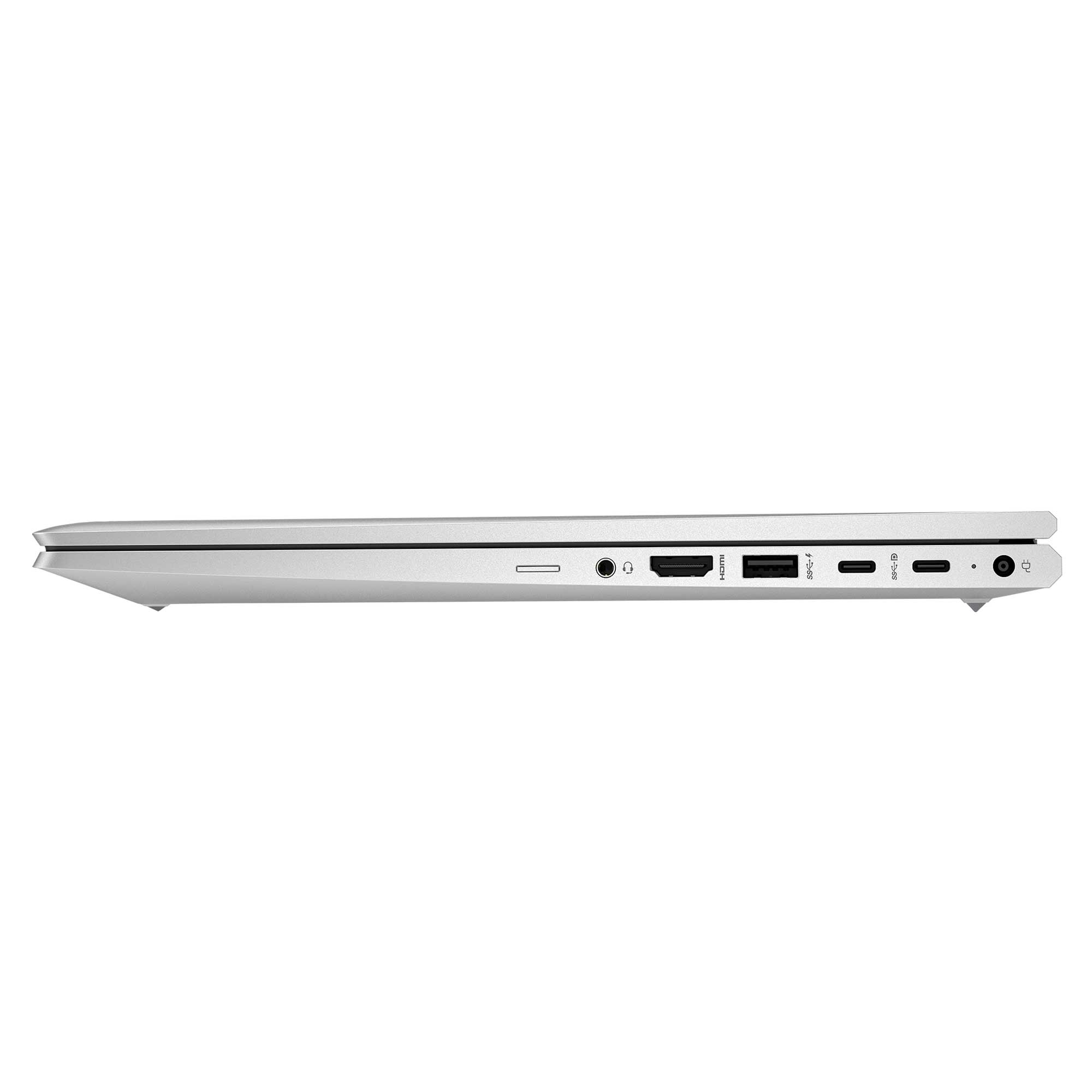 Gümüş laptop yan görünüm bağlantı noktaları: SD kart, kulaklık, HDMI, USB-A, USB-C, güç.