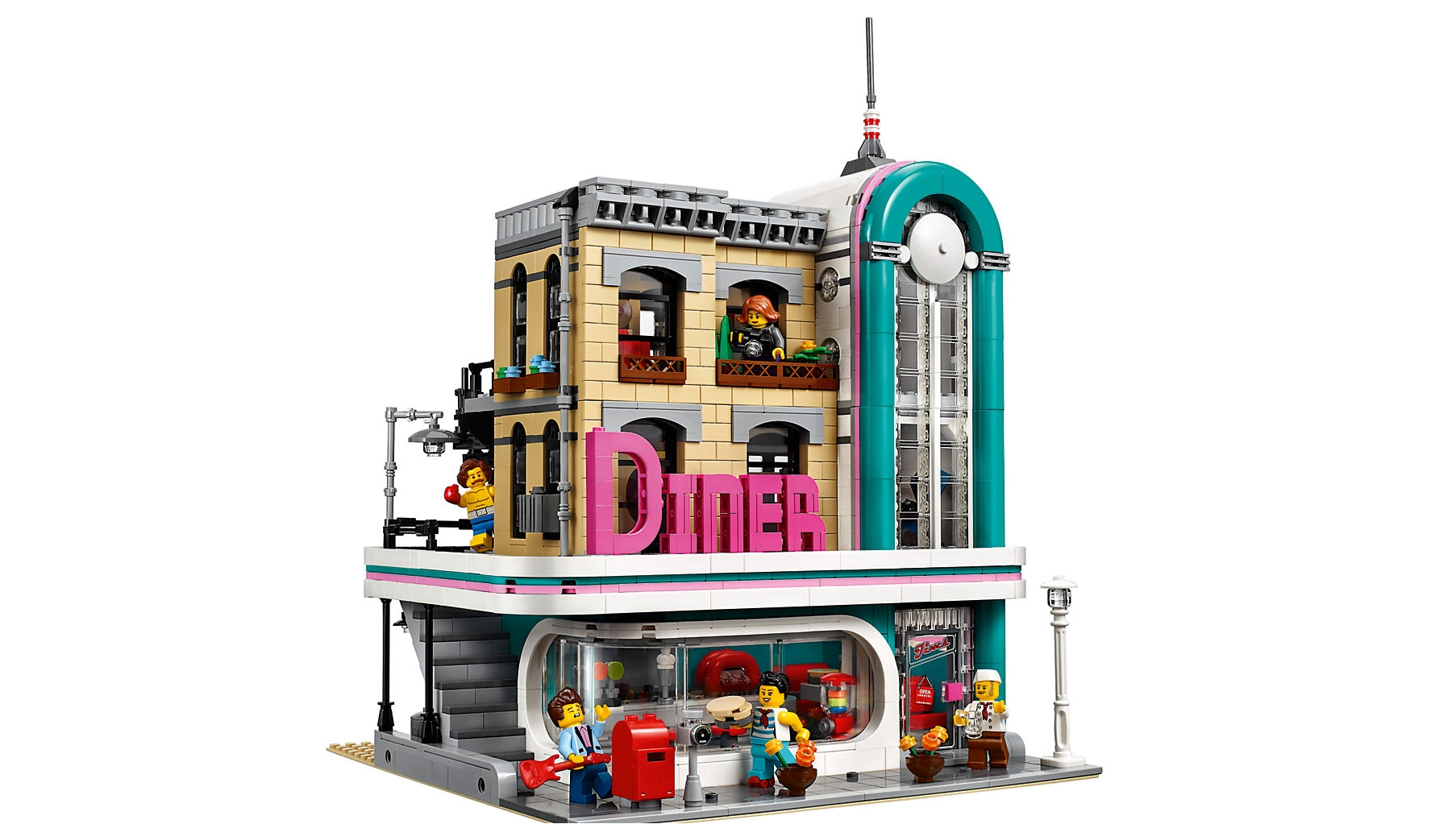 Budynek restauracji Lego z figurkami i szyldami na białym tle.