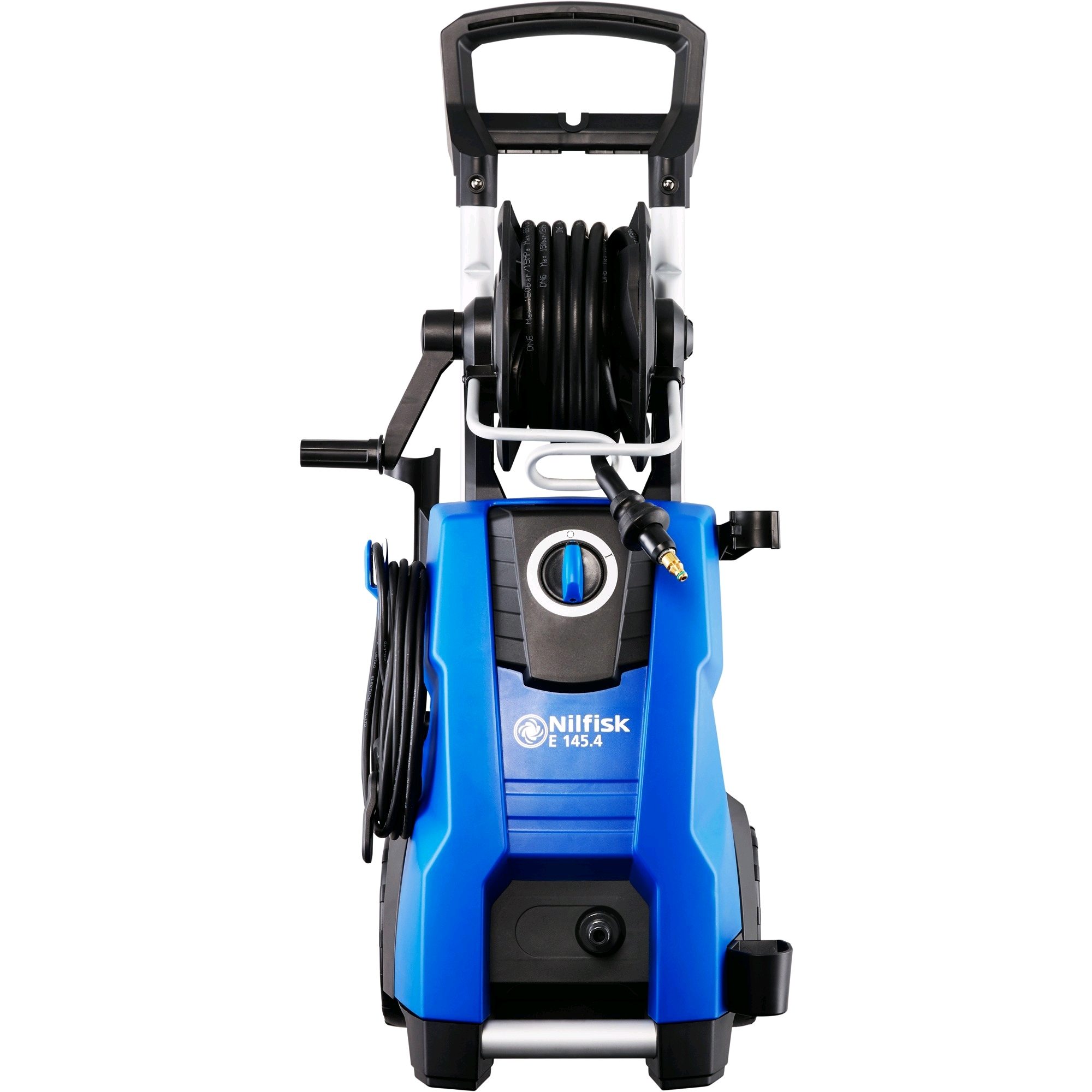 Eine blaue Nilfisk E 145.4 Hochdruckreiniger mit Schlauch und Griff.