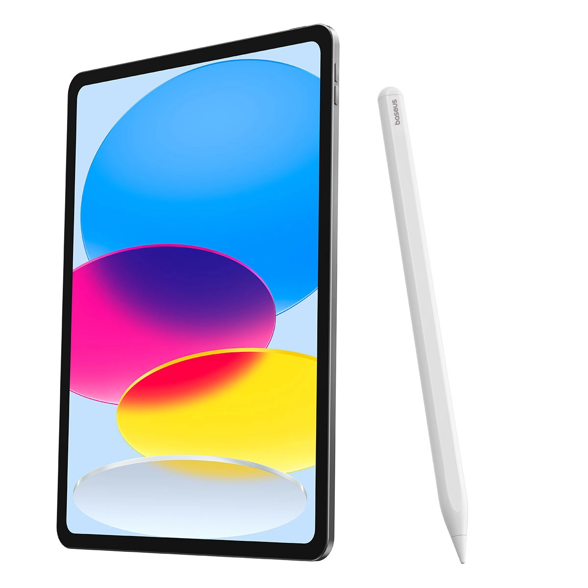 Ein silbernes Tablet mit buntem Hintergrund und einem weißen Stift daneben.