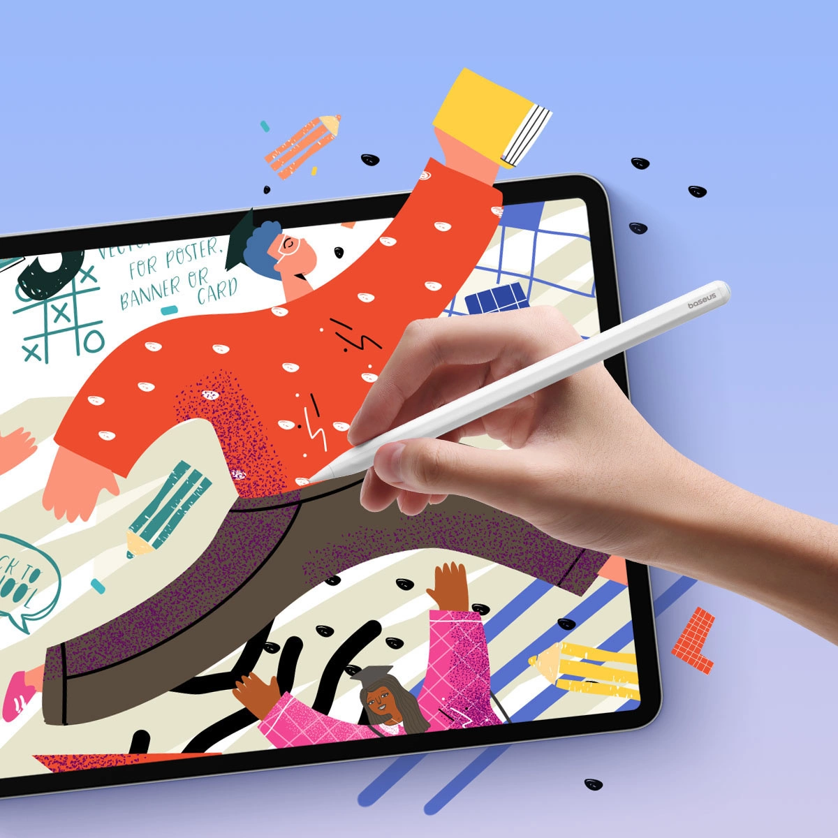 Eine Hand hält einen weißen Stift, der auf einem Tablet mit bunter Illustration tippt.