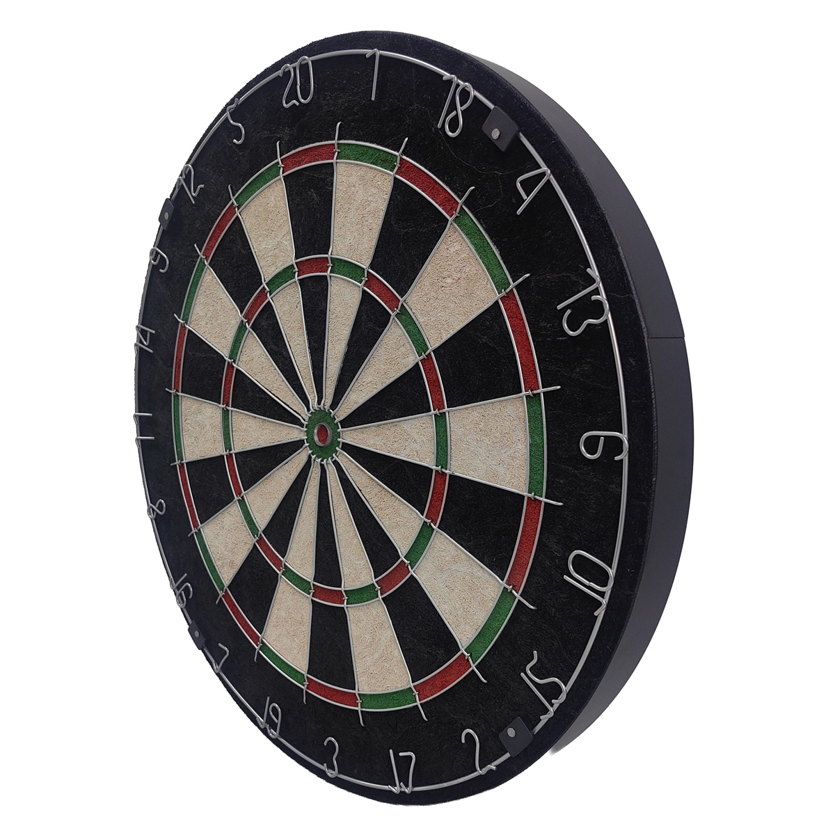 Eine Dartscheibe mit schwarzen, weißen und roten Segmenten und Zahlen.