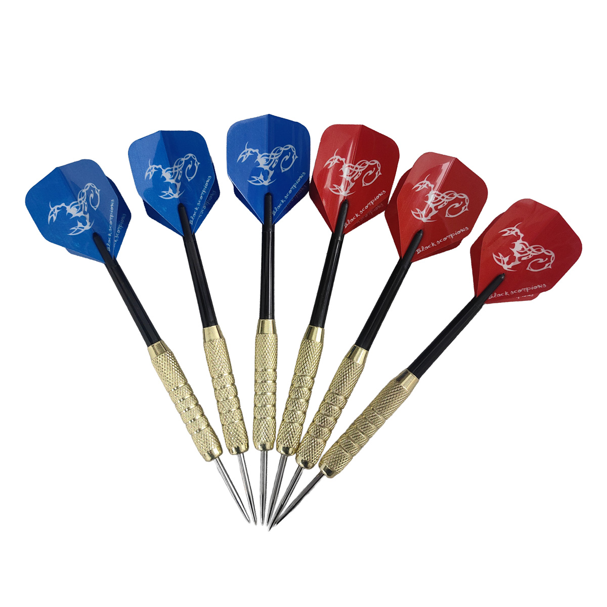 Sechs Darts mit roten und blauen Flügeln mit Skorpion-Motiv.