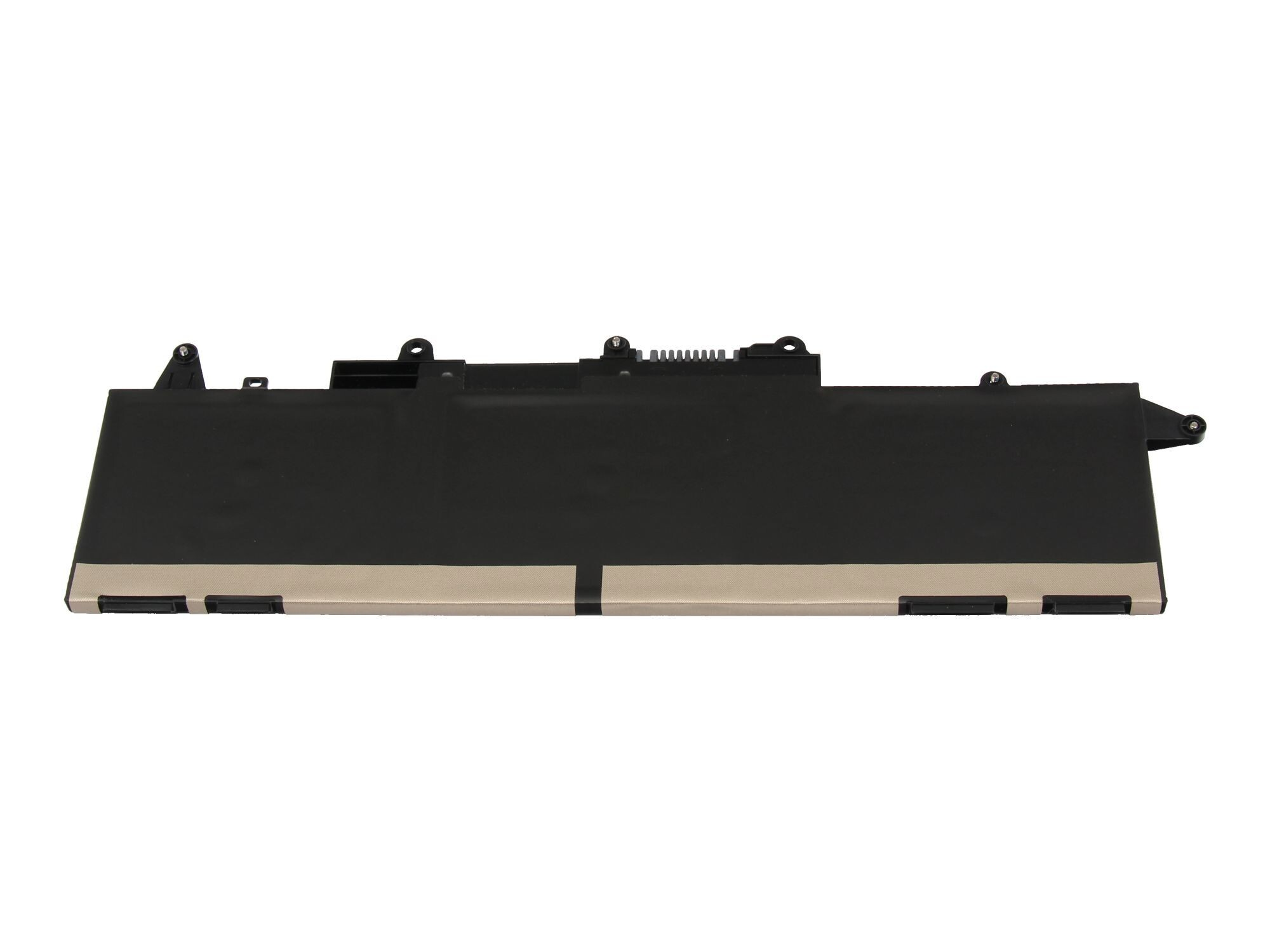 Ein schwarzer Laptop-Akku mit beige-farbenem Band und Anschlüssen.