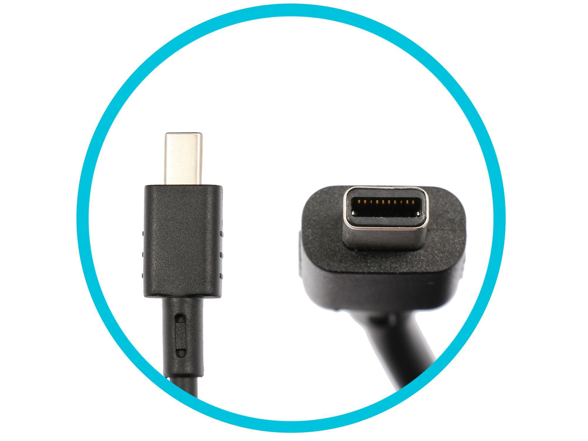 Ein USB-C-Stecker und ein Mini-DisplayPort-Stecker auf schwarzem Kabel.