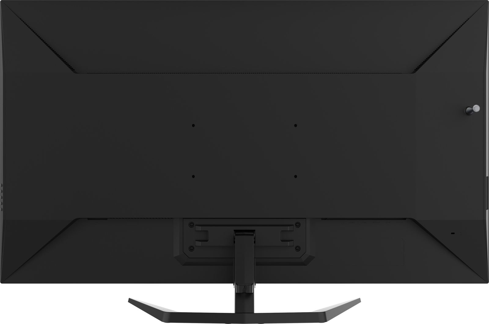 Tył czarnego monitora ze stojakiem i portami.