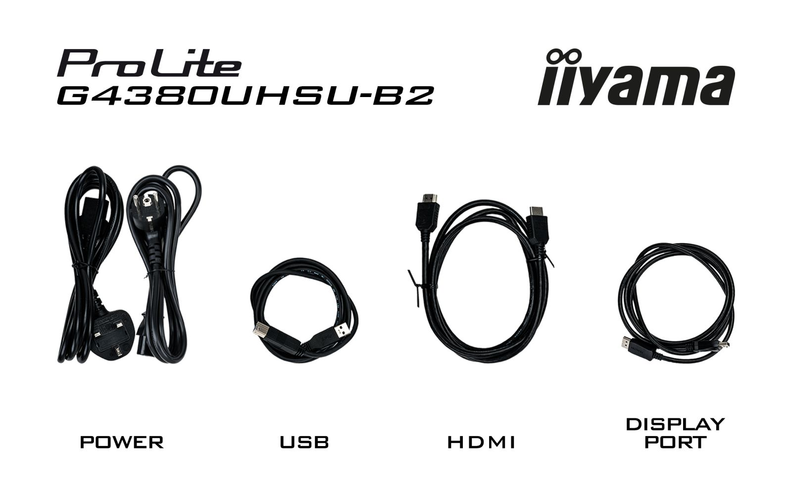 Loga ProLite G4380UHSU-B2 i iiyama nad czarnymi kablami: Zasilanie, USB, HDMI, Display Port.