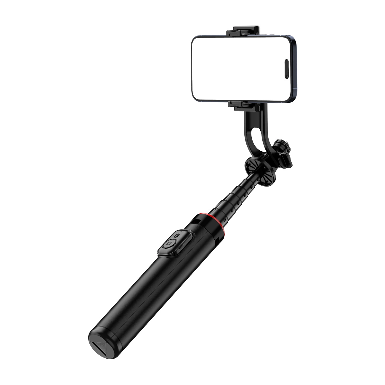 Ein schwarzer Selfie-Stick mit einem Smartphone, das auf weißem Hintergrund montiert ist.