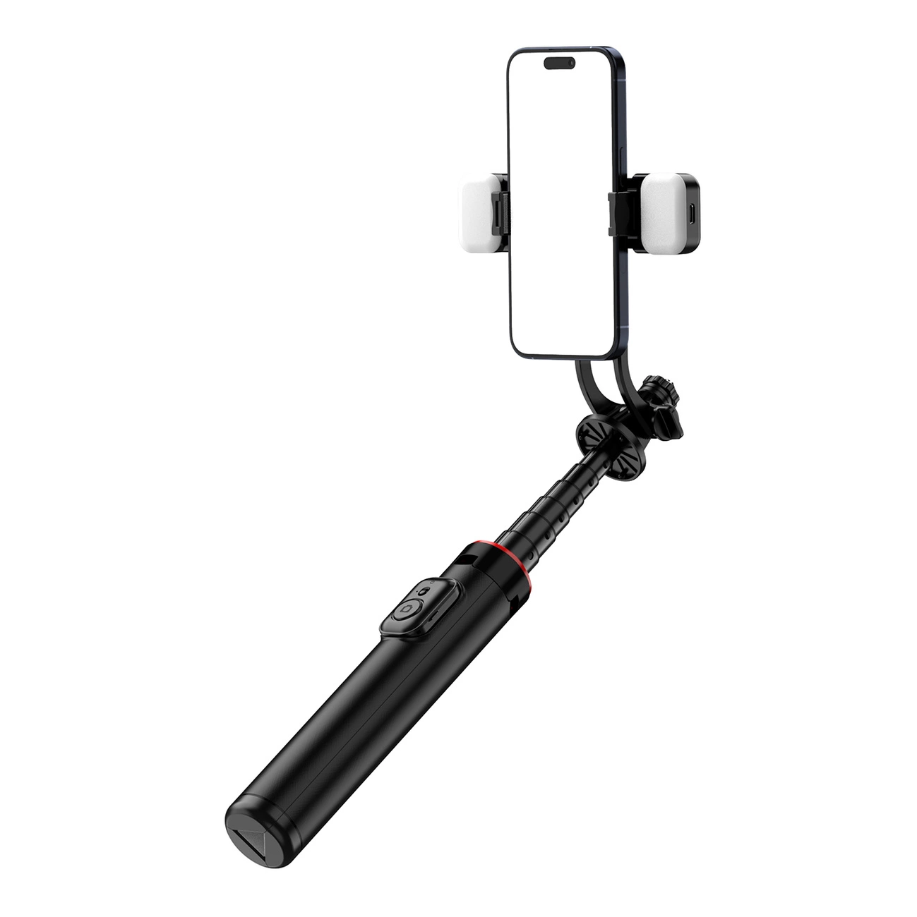 Ein schwarzer Selfie-Stick mit Handyhalterung und zwei Lichtern.