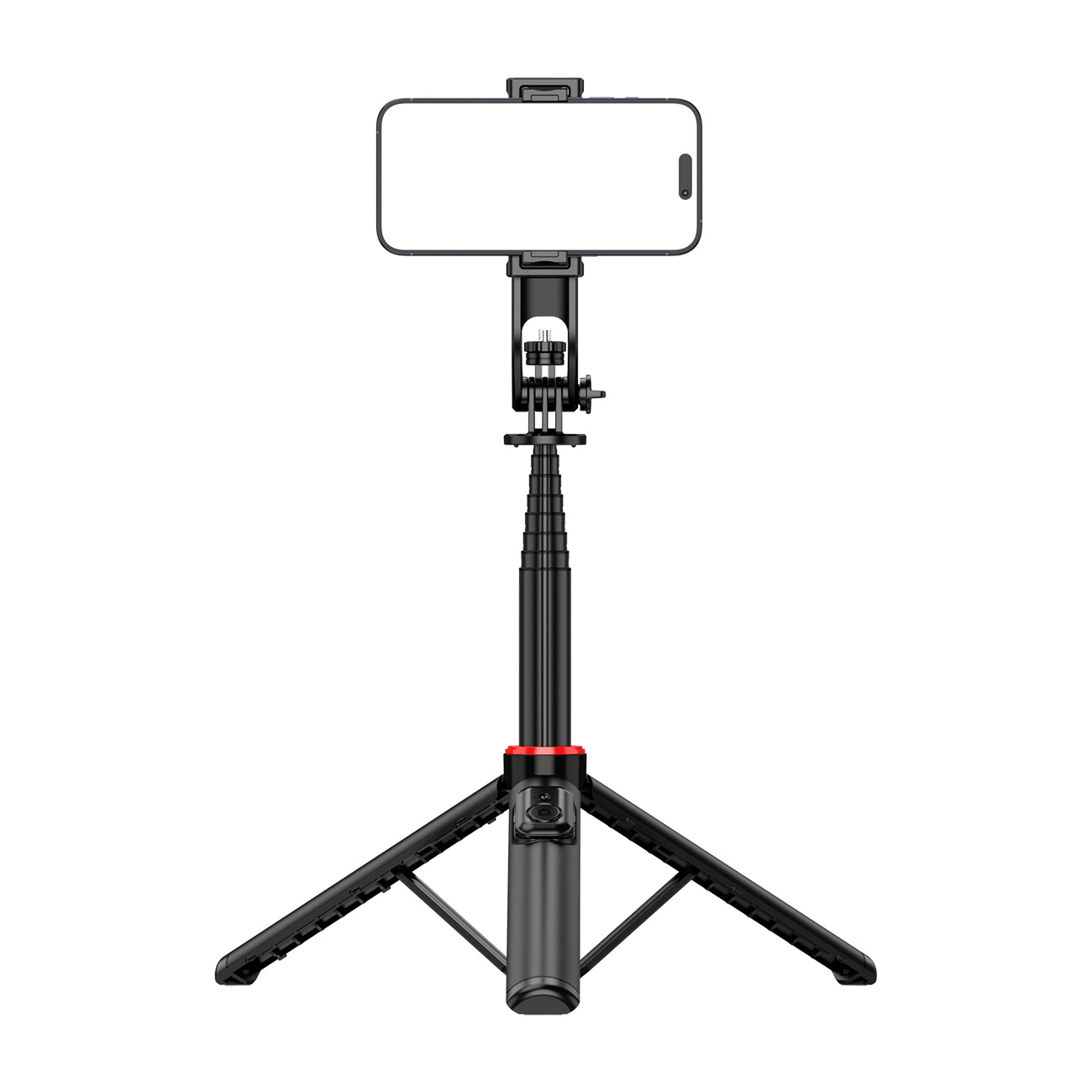 Ein schwarzer Selfie-Stick mit ausziehbarem Stativ und Handyhalterung.
