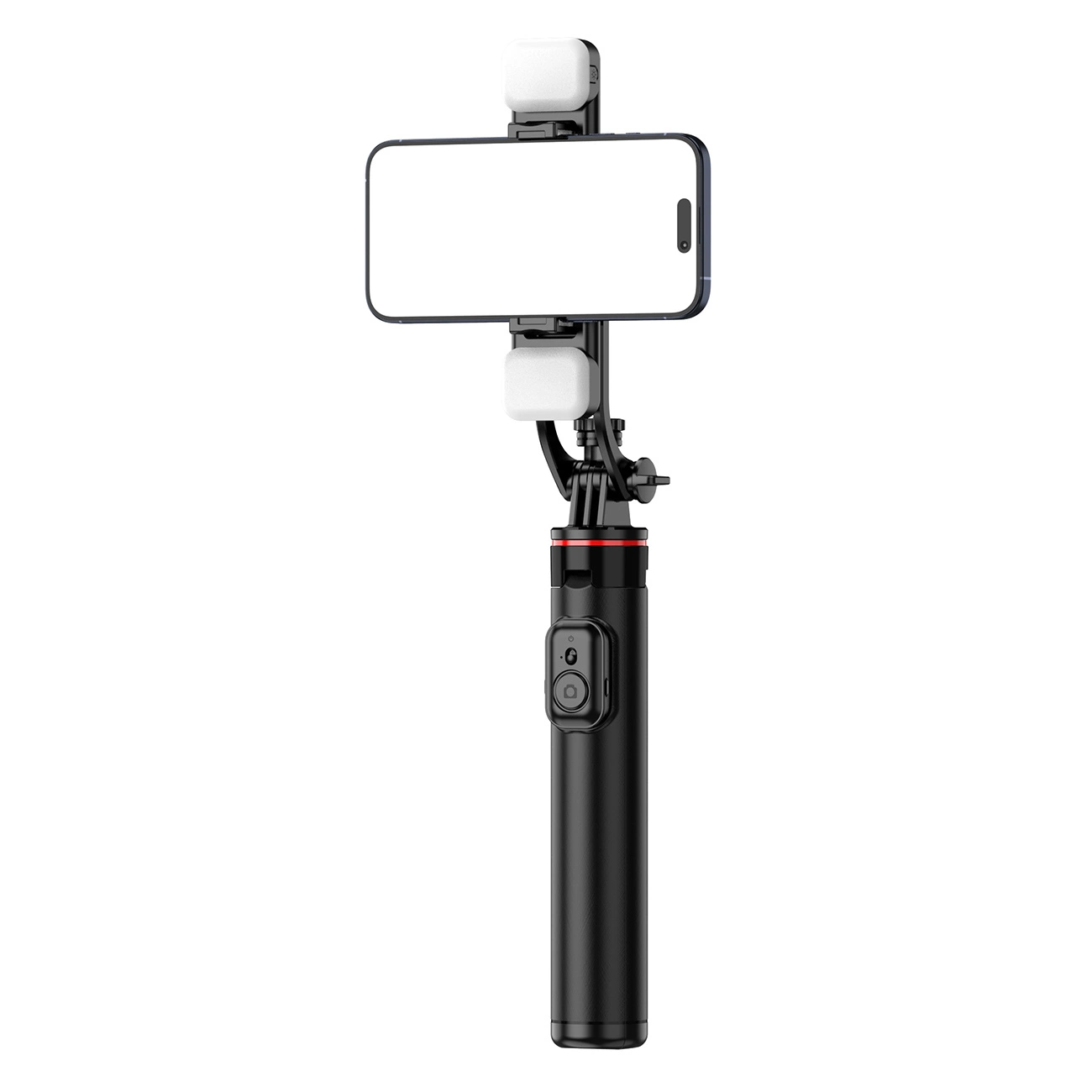 Ein schwarzer Gimbal-Griff mit einem Smartphone und Lichtern.