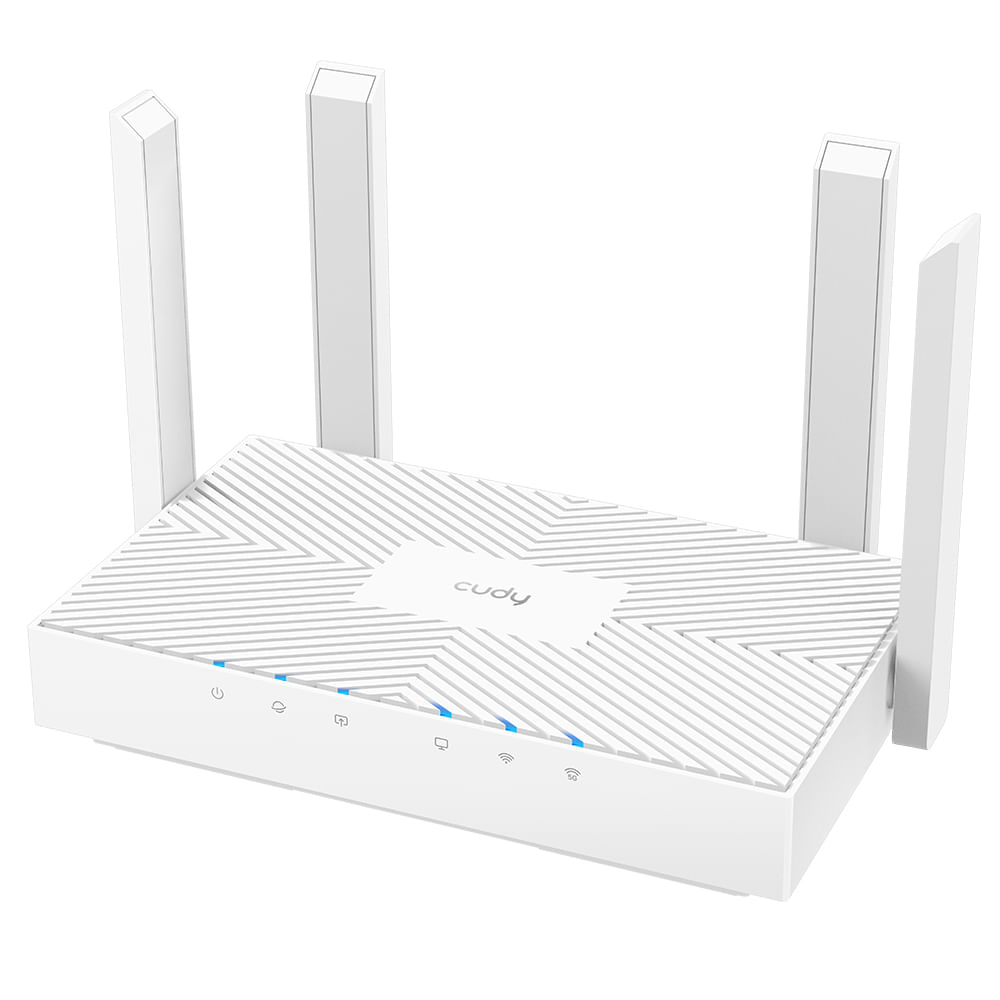 Ein weißer Router mit vier Antennen und blauen LED-Anzeigen.