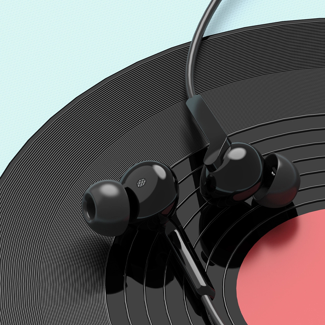 Auricolari neri su un disco in vinile nero con sfondo azzurro chiaro.