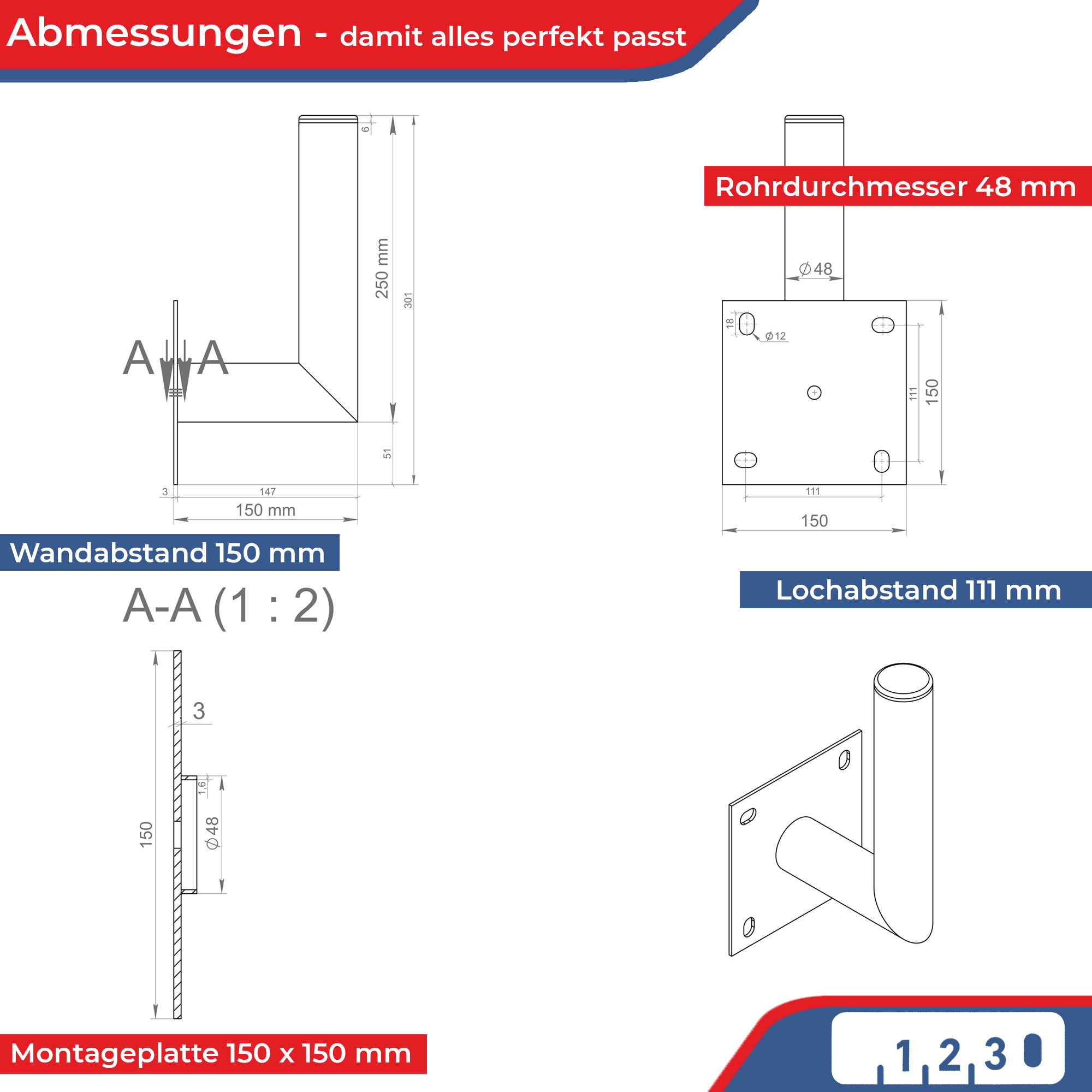 Technische Zeichnung mit Maßen für eine Wandhalterung. Maße: 150x150 mm.