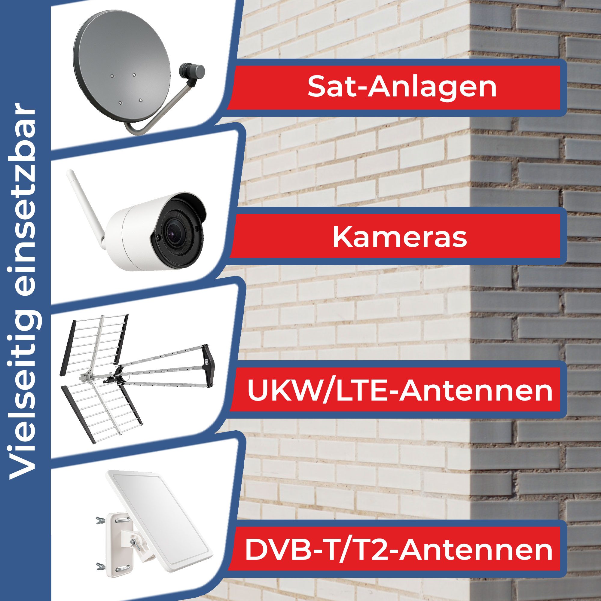 Satellitenanlagen, Kameras, UKW/LTE- und DVB-T/T2-Antennen auf Ziegelwand.