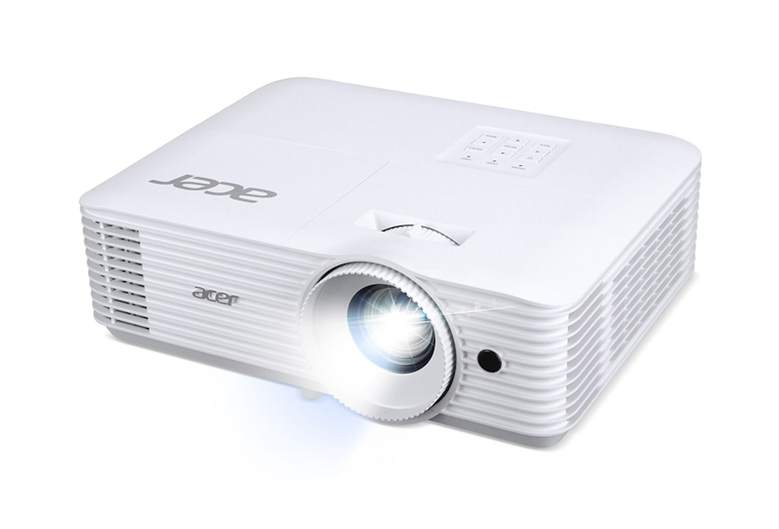 Un projecteur Acer blanc avec une lentille allumée et des fentes d'aération.