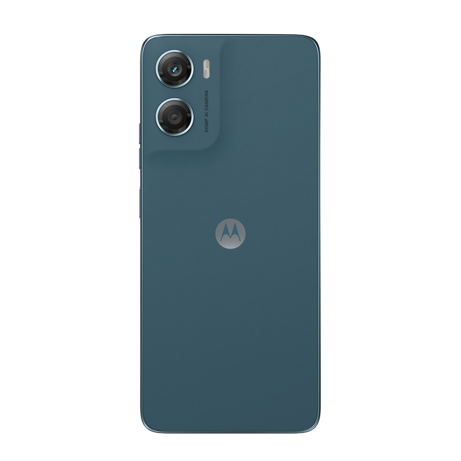 Tył niebieskiego smartfona z dwoma aparatami i logo Motorola.