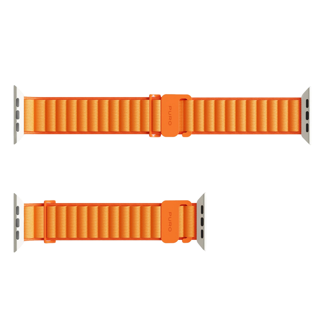 Dos correas de reloj naranjas con cierres de velcro y conectores plateados.
