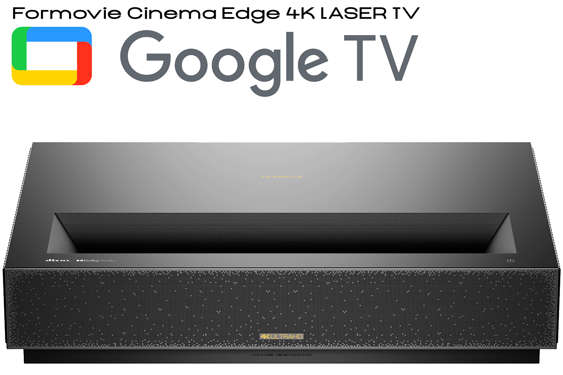 Ein schwarzer Beamer mit Google TV-Logo. 4K Ultra HD.