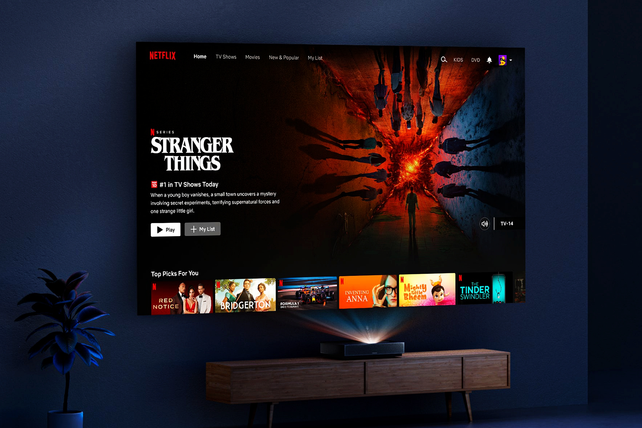 Netflix-Startbildschirm mit Stranger Things und Top-Filmauswahl.